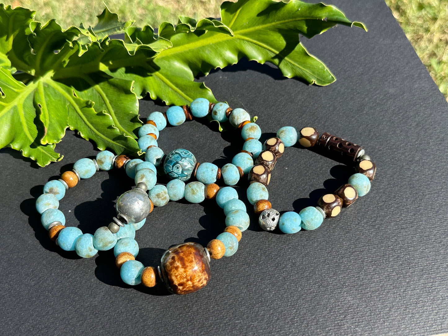 Vintage Turquoise Colored Recycled Glass and Brown Wood Bracelet