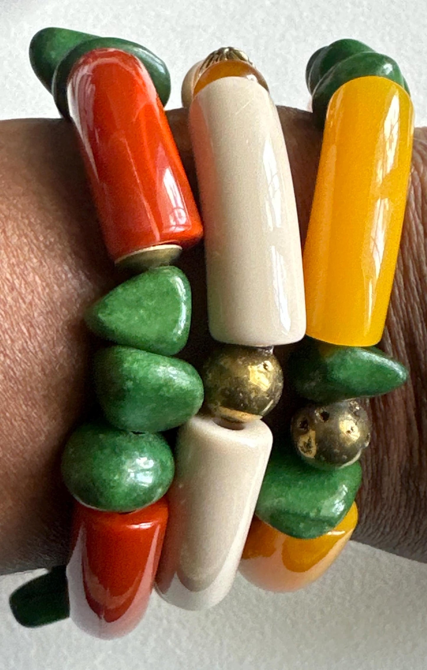Rust Orange Resin & Green Stone Bracelet: Handmade Boho Jewelry