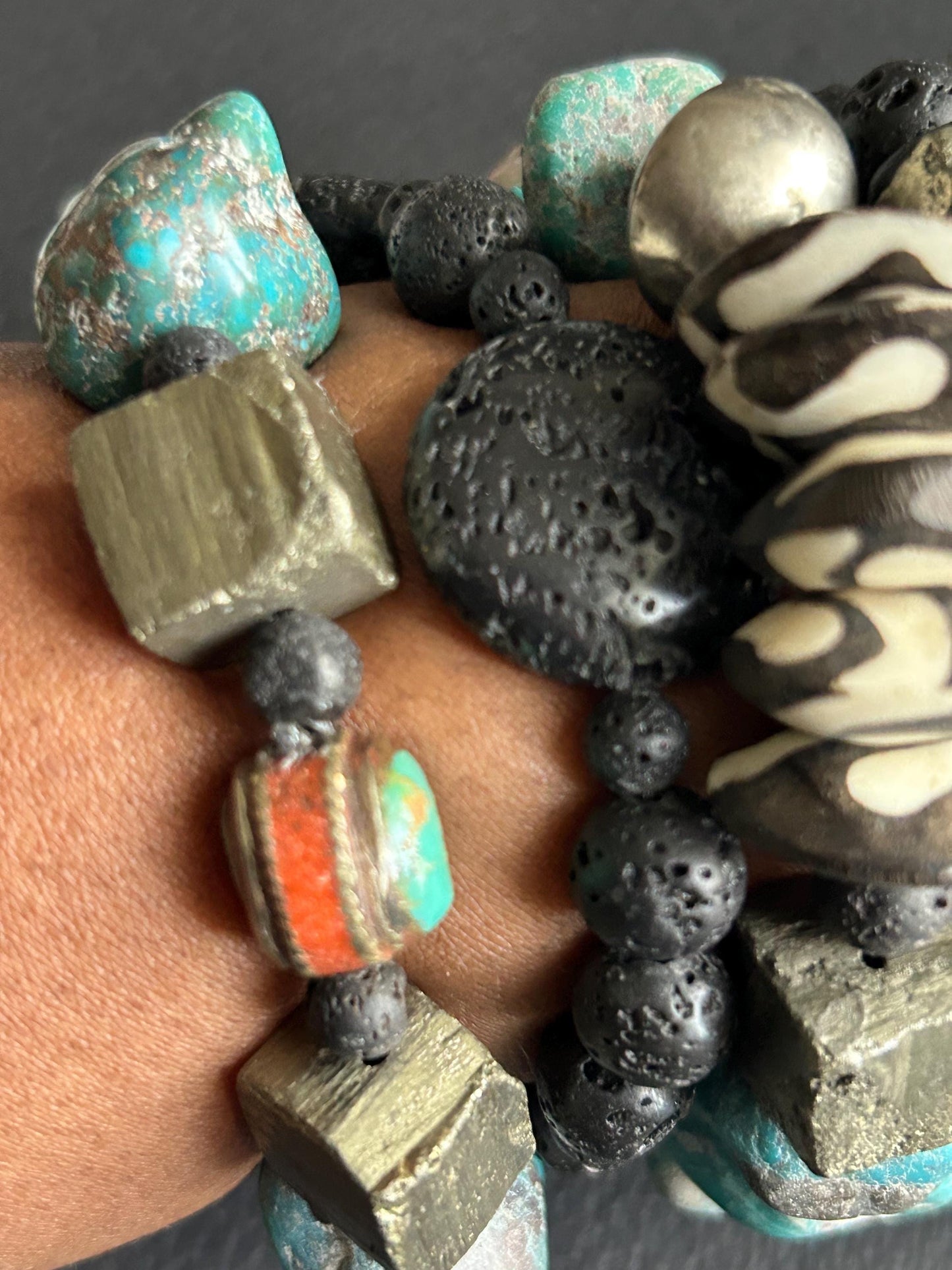 Turquoise & Pyrite Statement Bracelet | One-of-a-Kind Boho Unisex Jewelry | Lava Stone Accent | Handmade by Attrice