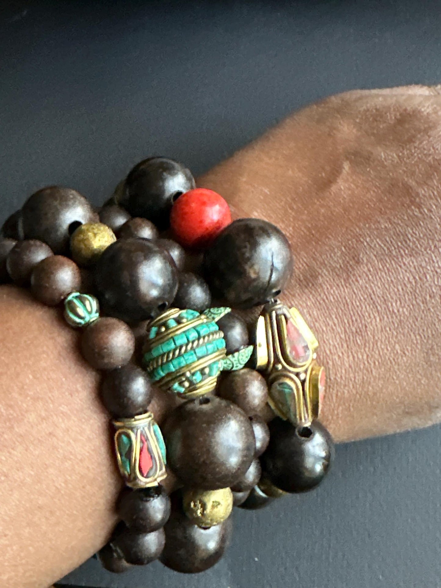 Espresso Wood Beaded Bracelet with Inlaid Brass Accent Beads
