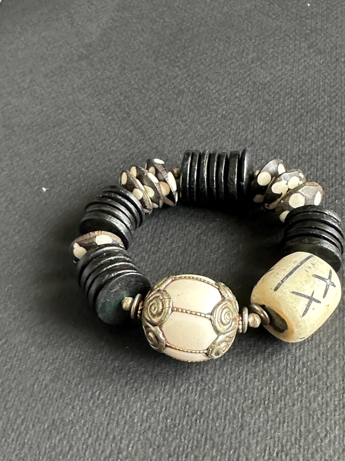 Black and White Bracelet with Carved X and Polka Dots Saucer Bone Beads Bracelet