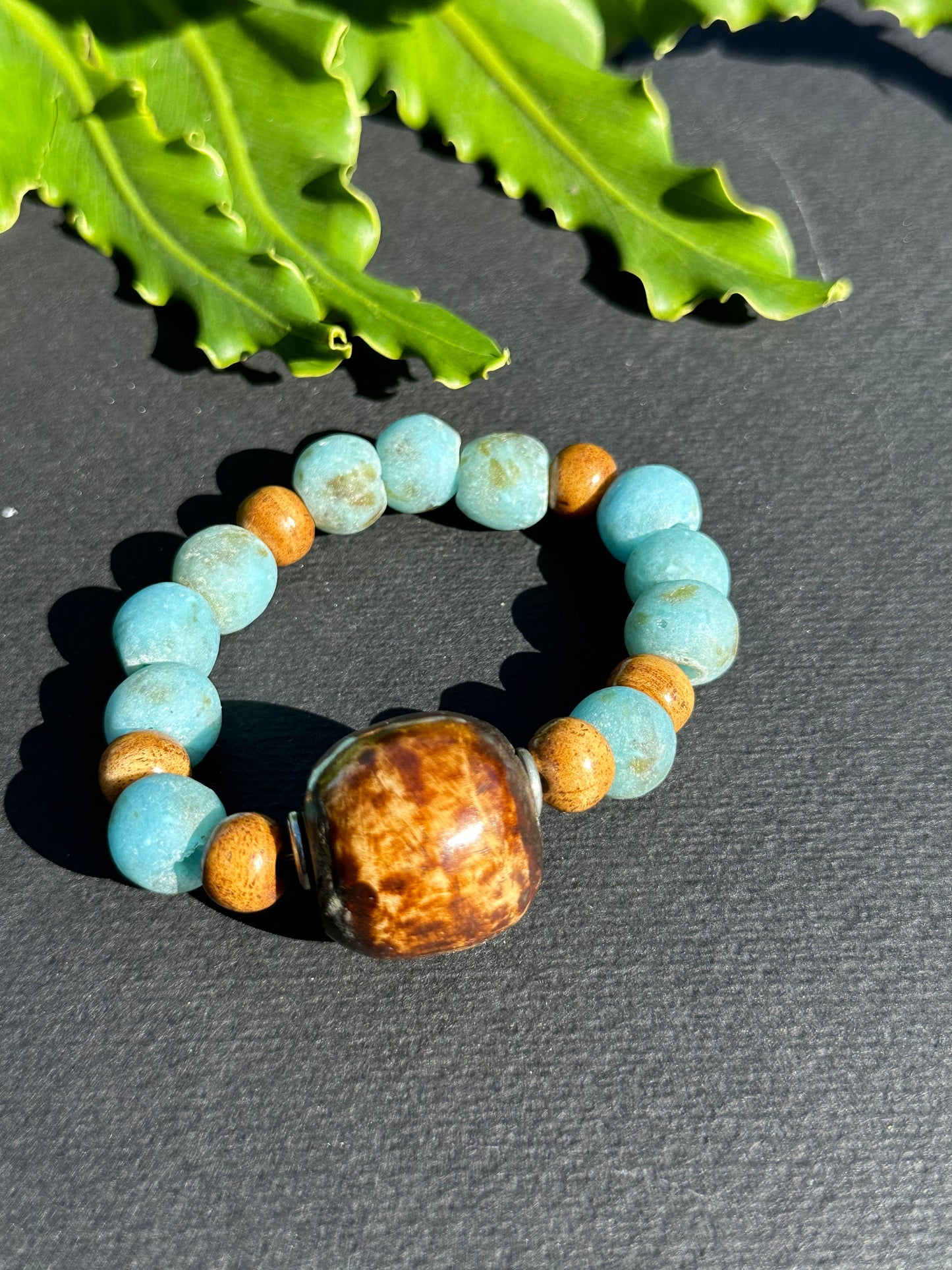 Vintage Turquoise Colored Recycled Glass and Brown Wood Bracelet