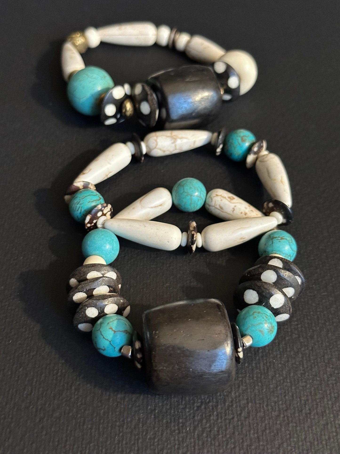 Turquoise Colored Brown and Cream Large Chunky Beaded Bracelet