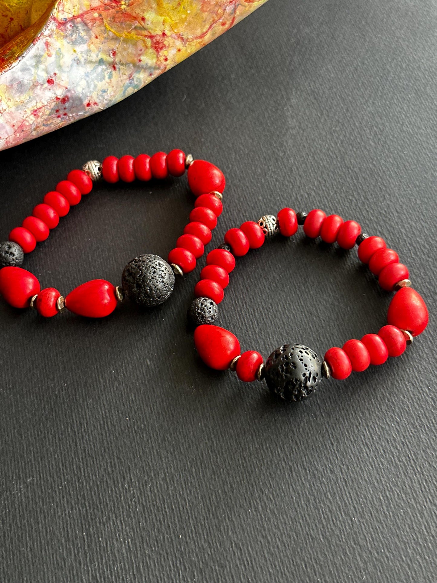 Red and Black Lava Stone and Ceramic Single or Stack Unisex Bracelets