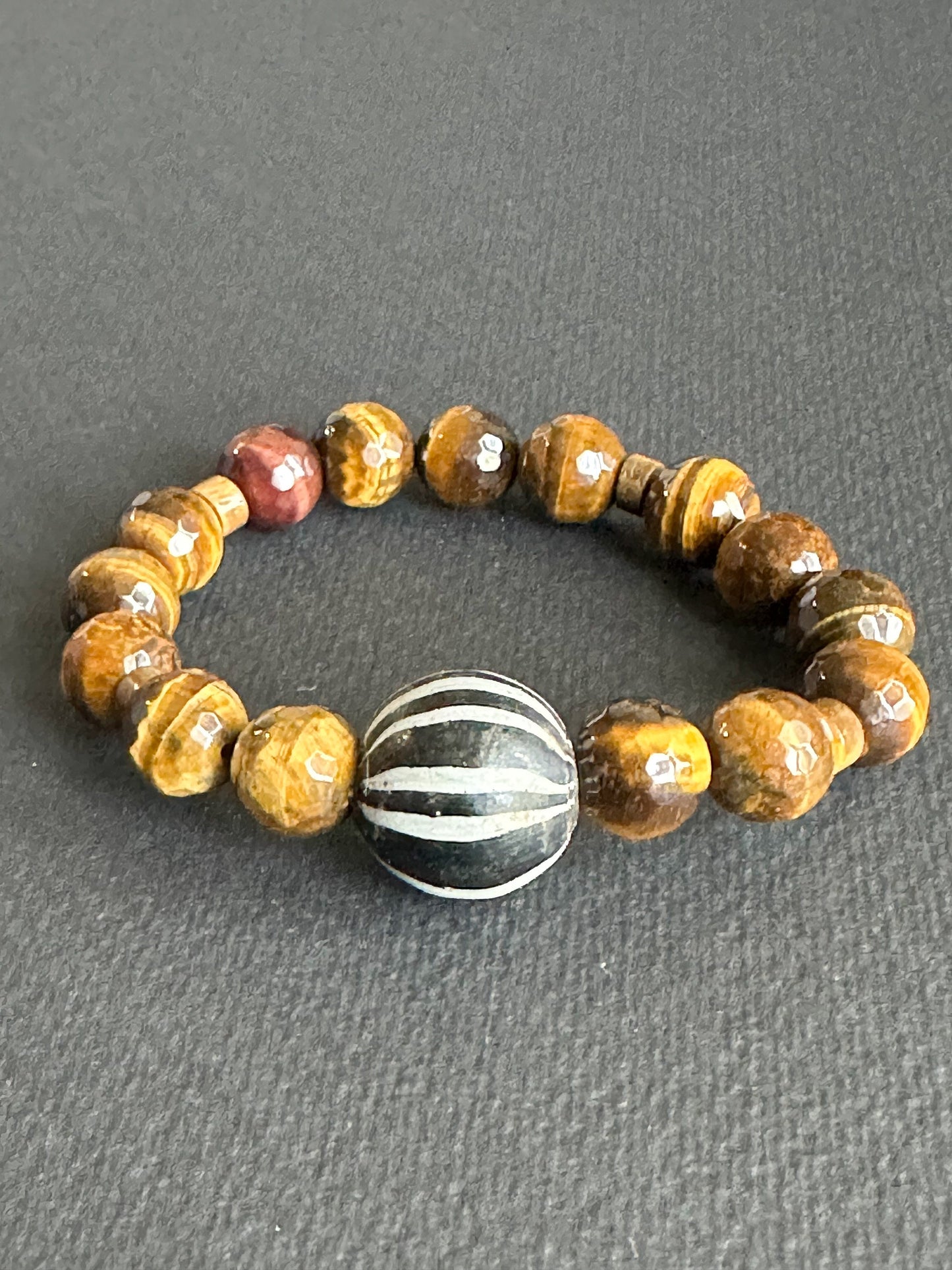 Tiger’s Eye Unisex Bracelet with Black & White Java Focal Bead