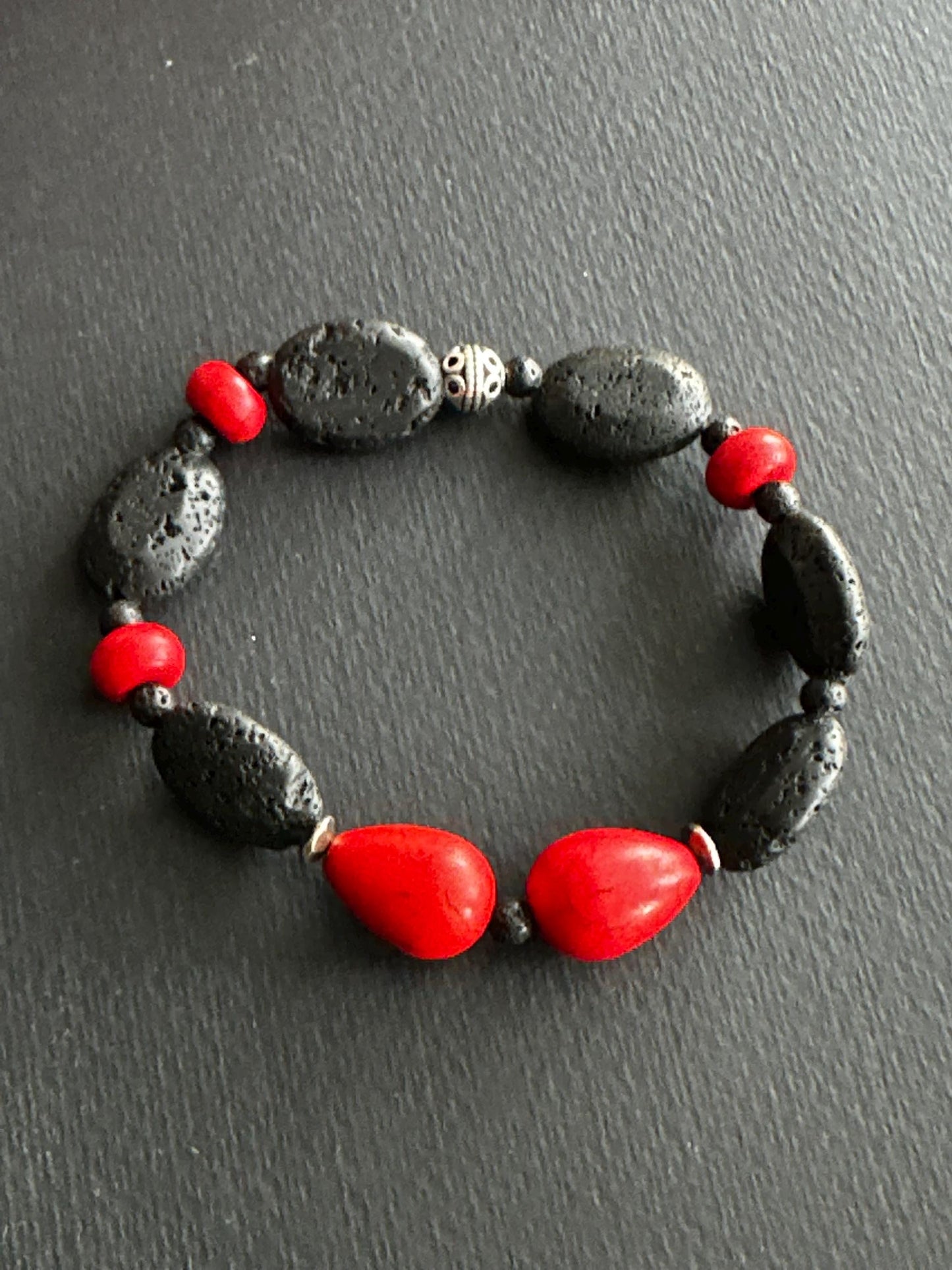 Red and Black Lava Stone and Ceramic Single or Stack Unisex Bracelets
