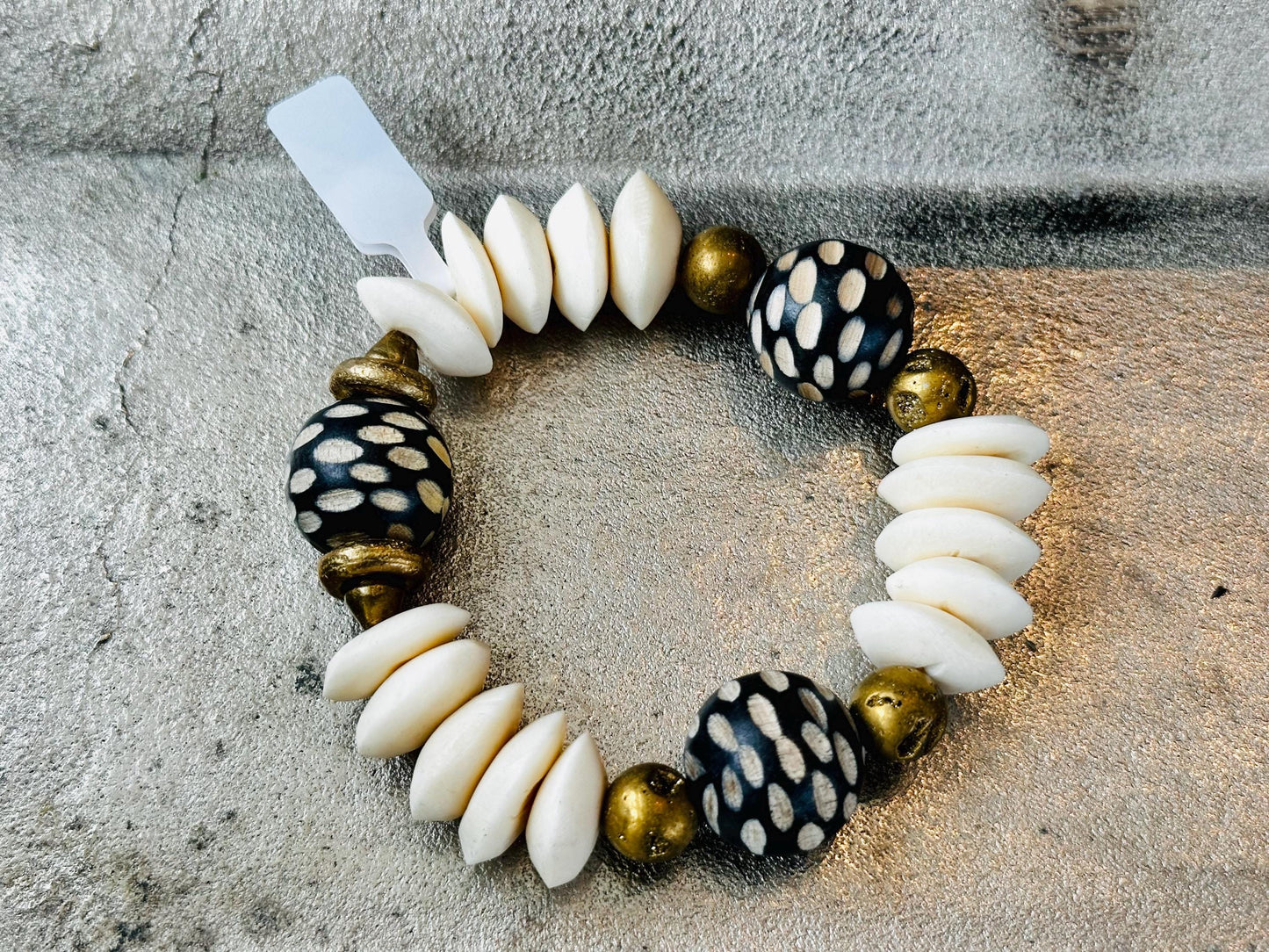 Black and Cream Carved Philippine Wood Beads with Saucer Bone and Brass Filigree Beads