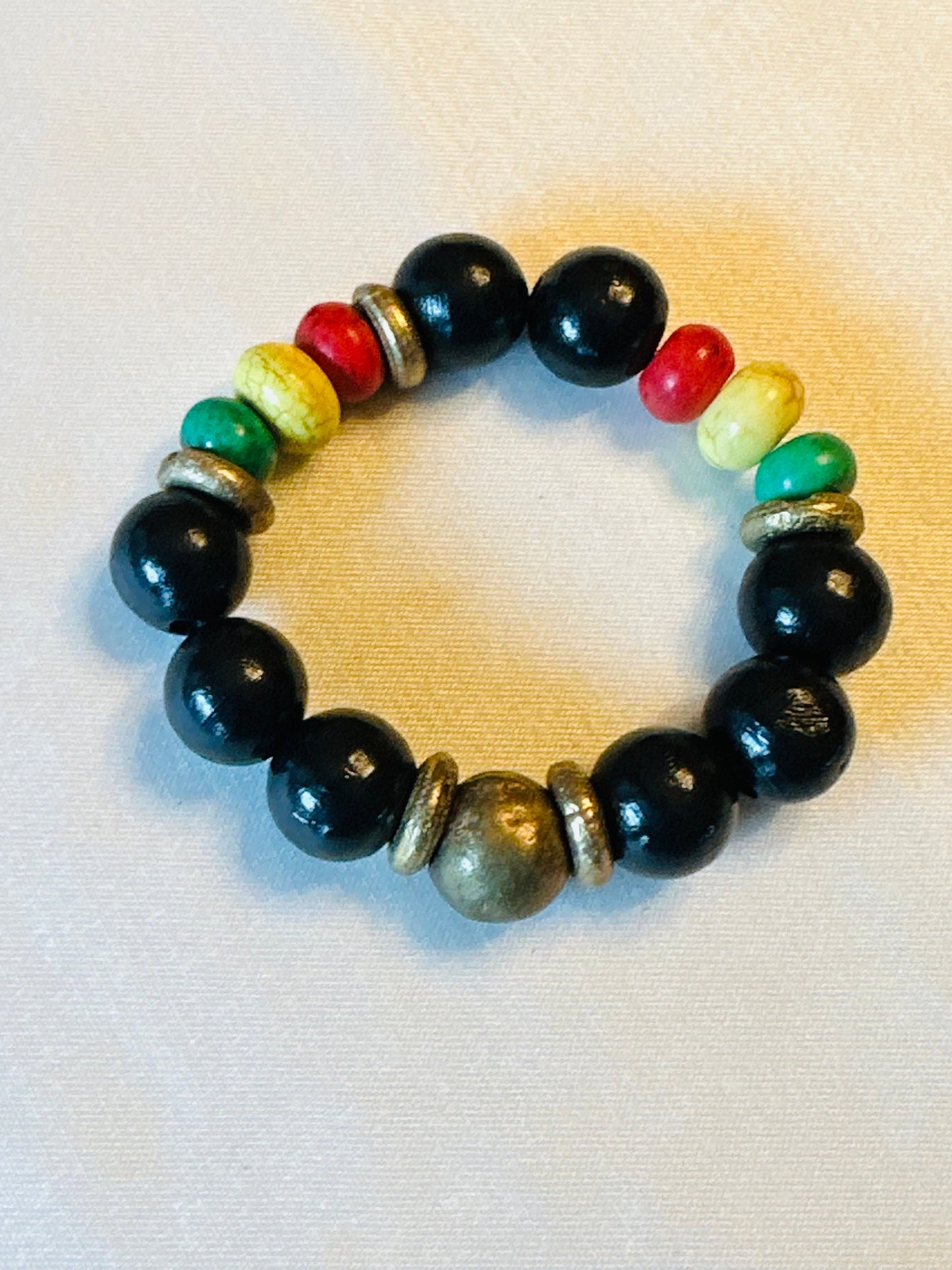 Black Red Yellow Green Wood and Brass Unisex Bracelet