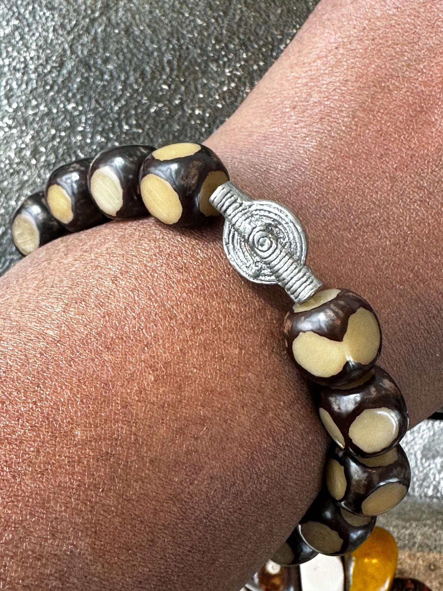 Carved Nut Wood Faceted Beaded Bracelet