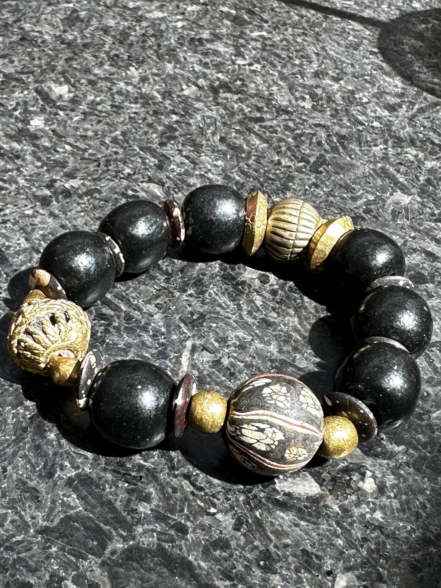 Black Wood Beaded Bracelet: Java Bead & Brass, Tribal Boho