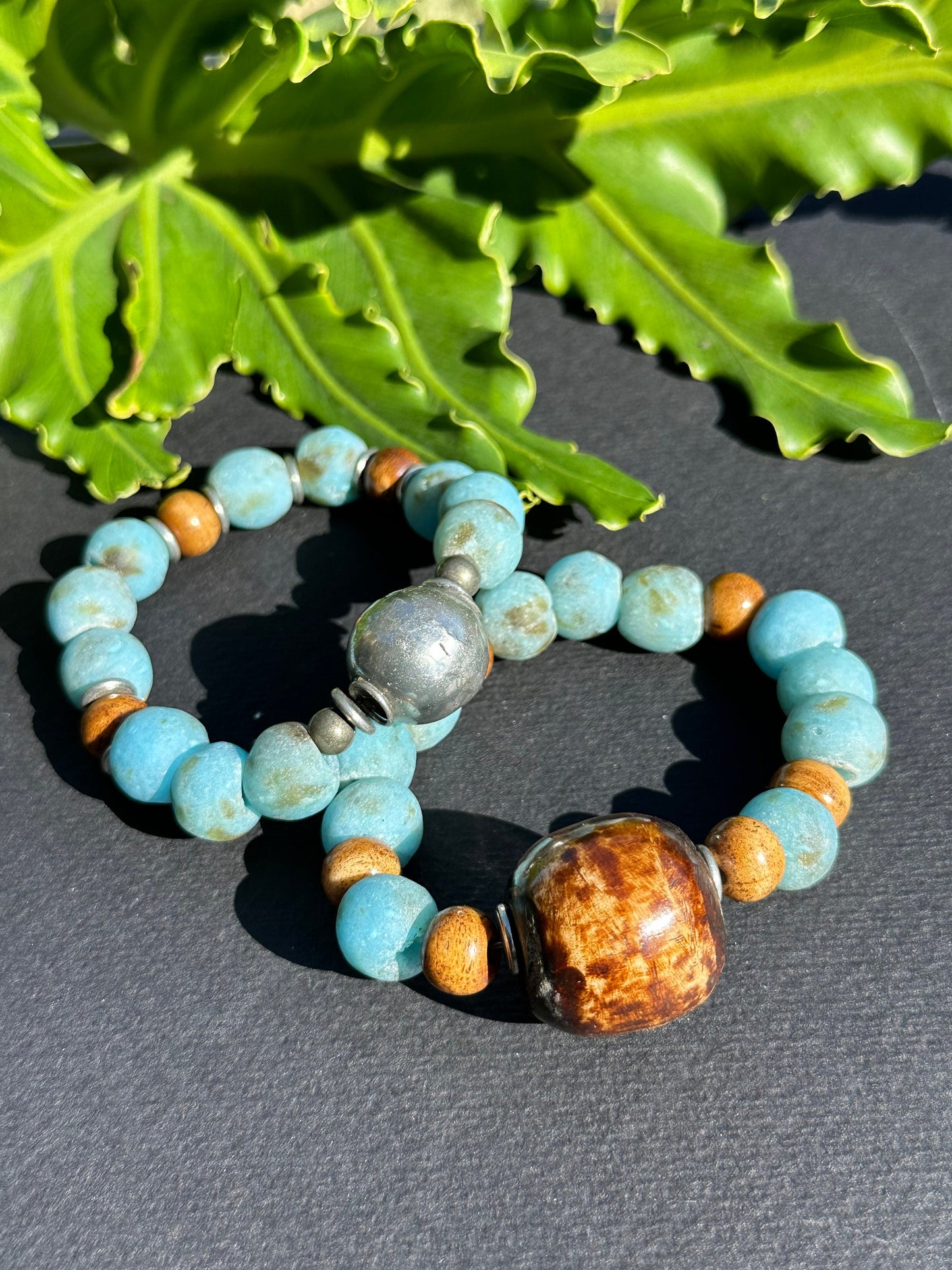 Vintage Turquoise Colored Recycled Glass and Brown Wood Bracelet