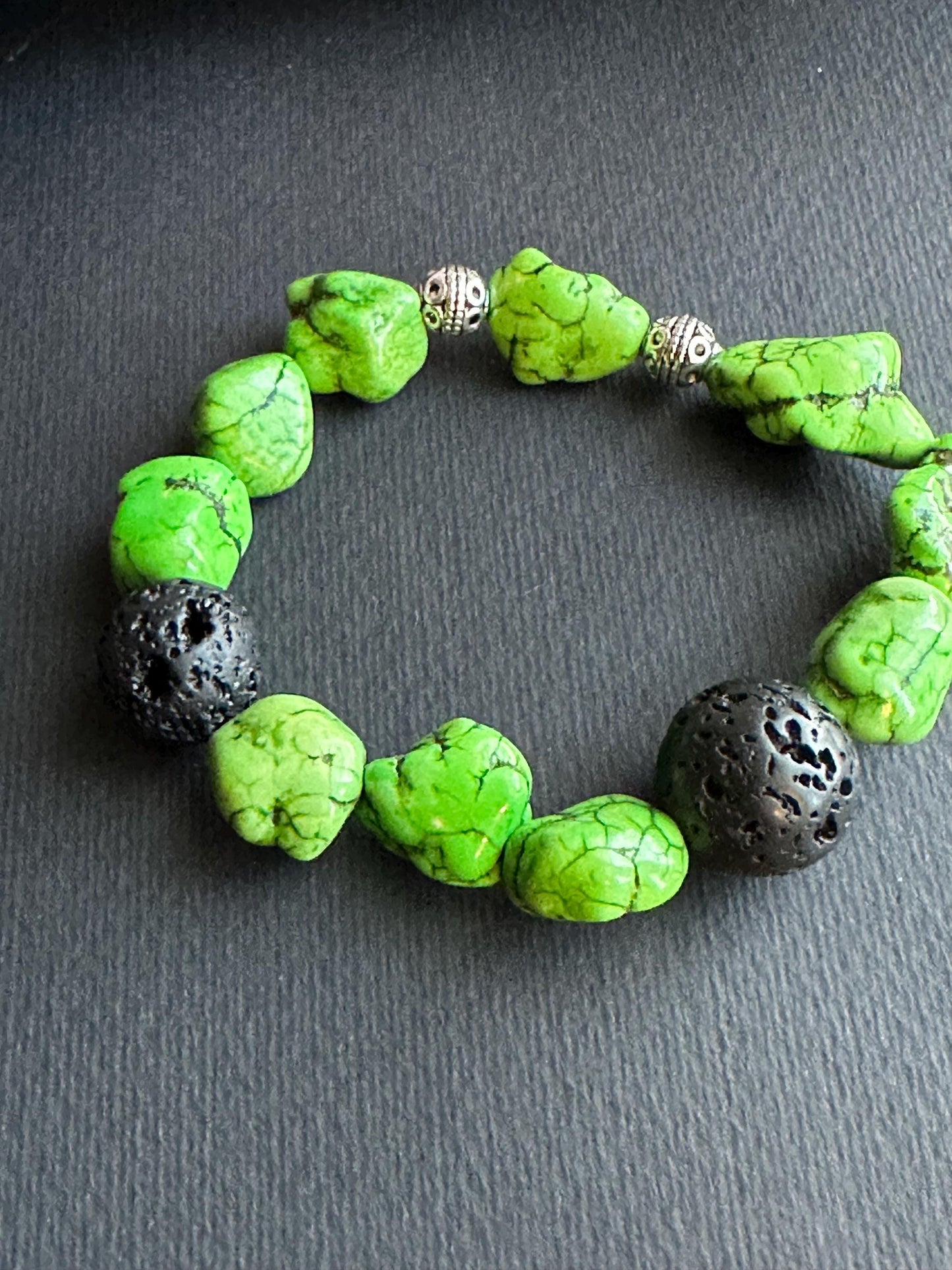 Green Nugget Howlite Bracelet with Round Lava Beads