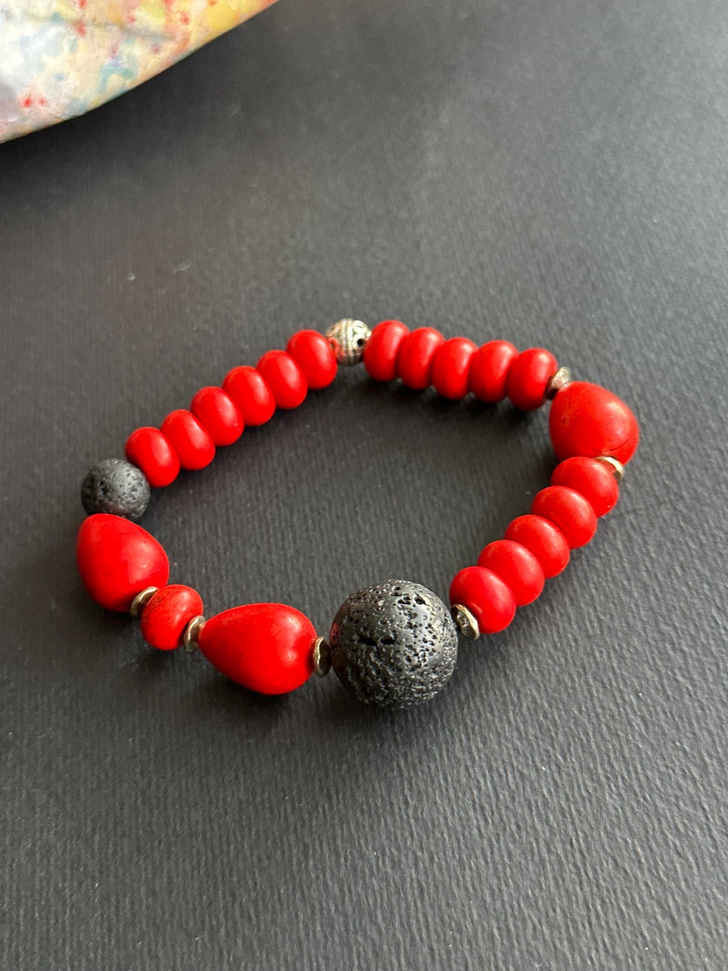 Red and Black Lava Stone and Ceramic Single or Stack Unisex Bracelets