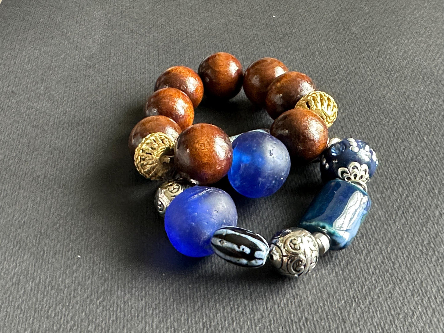 Large Wood Boho with Blue Recycled Glass Focal Bead Unisex Bracelet for Men and Women