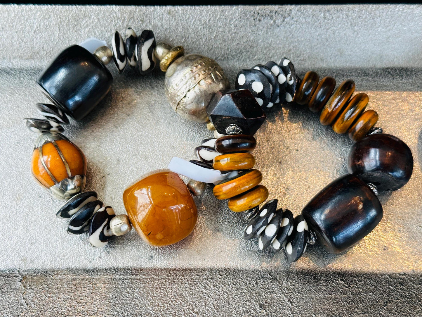 BohoChic Unisex Bracelet Handcrafted with Multi Shaped Bone and Horn Disc Beads.