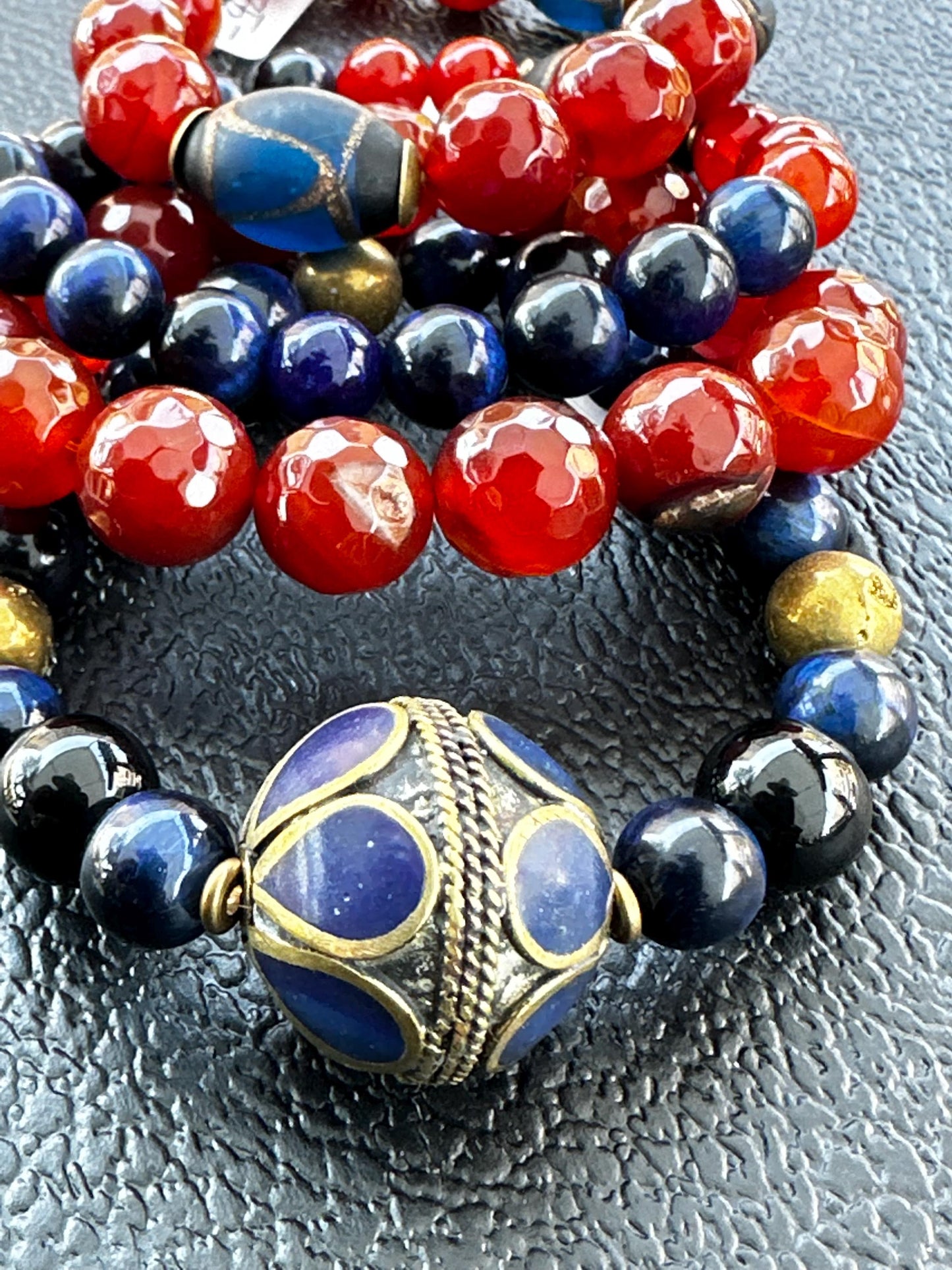 Blue and Orange Gemstone Beaded Bracelet Set