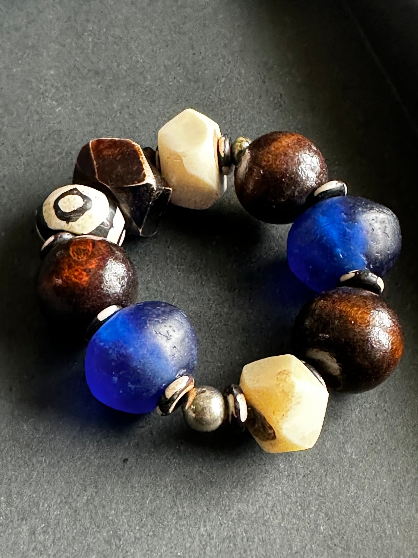 Chunky Brown and Cream Wood Bone and Glass Unisex Beaded Bracelet