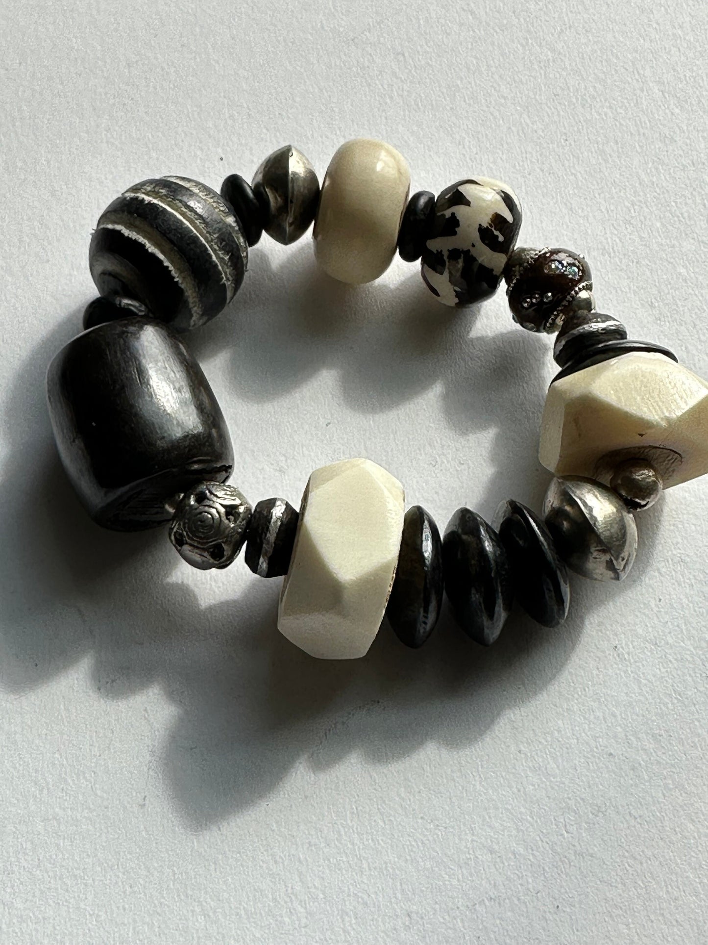 Large Batik Barrel Bone Focal Beaded Bracelet with Wood Saucer Round Faceted and Sauce White Bone Beaded Bracelet