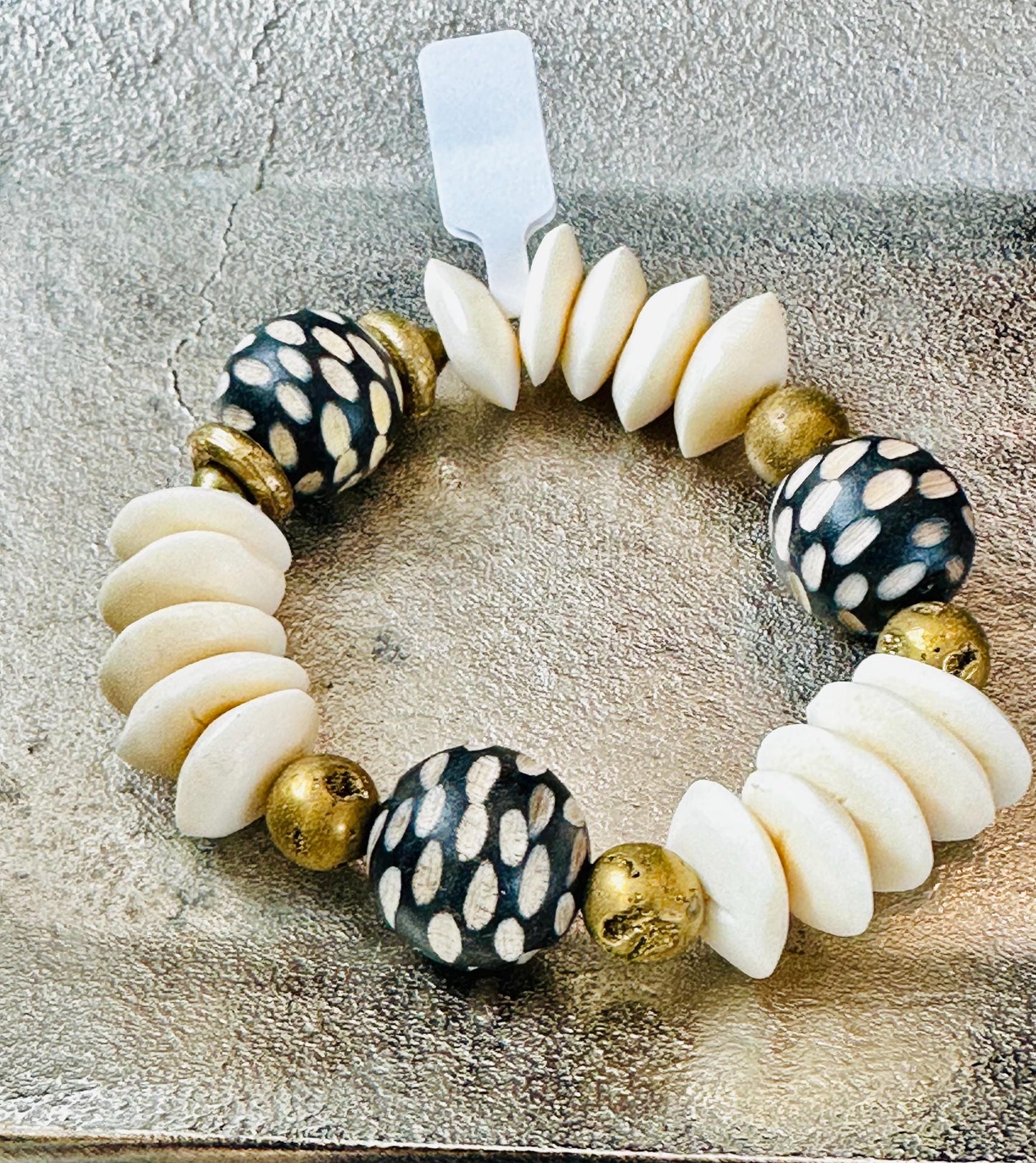 Black and Cream Carved Philippine Wood Beads with Saucer Bone and Brass Filigree Beads