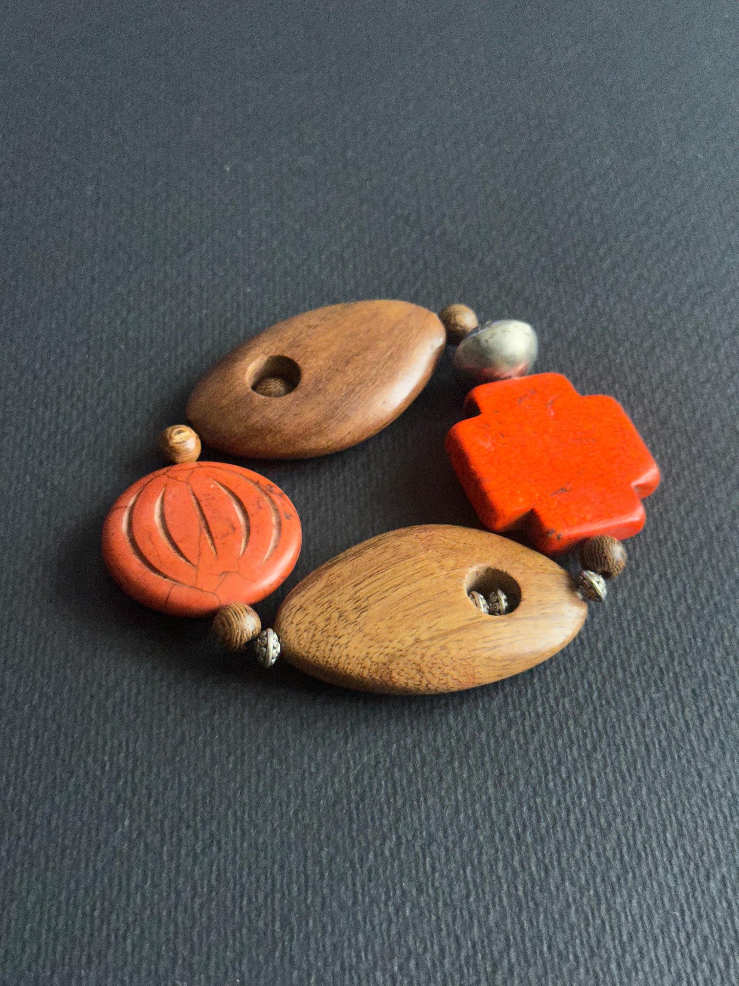 Tan and Orange Wood and Ceramic 7.5 inch Fall OOAK Bracelet