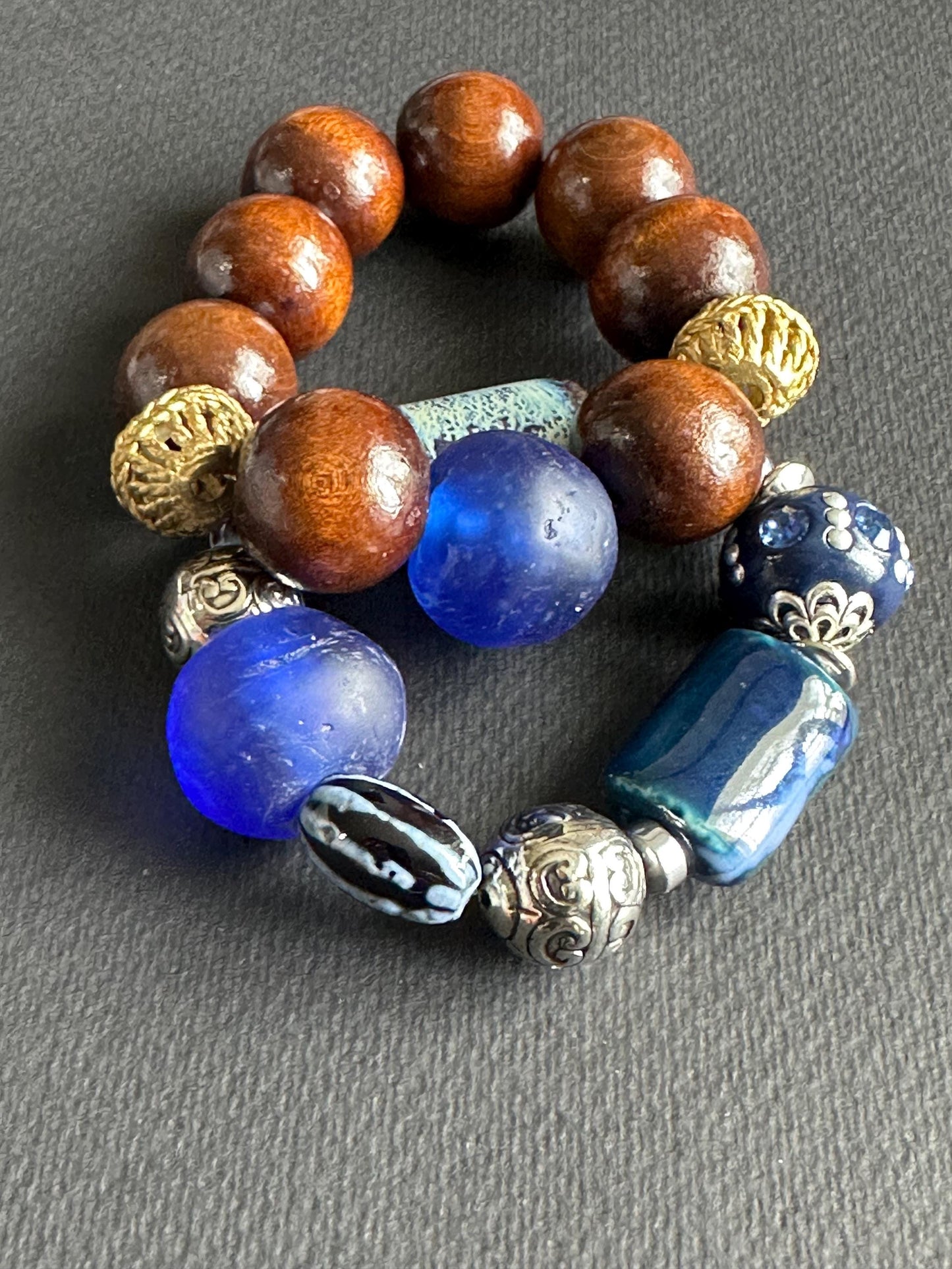 Large Wood Boho with Blue Recycled Glass Focal Bead Unisex Bracelet for Men and Women