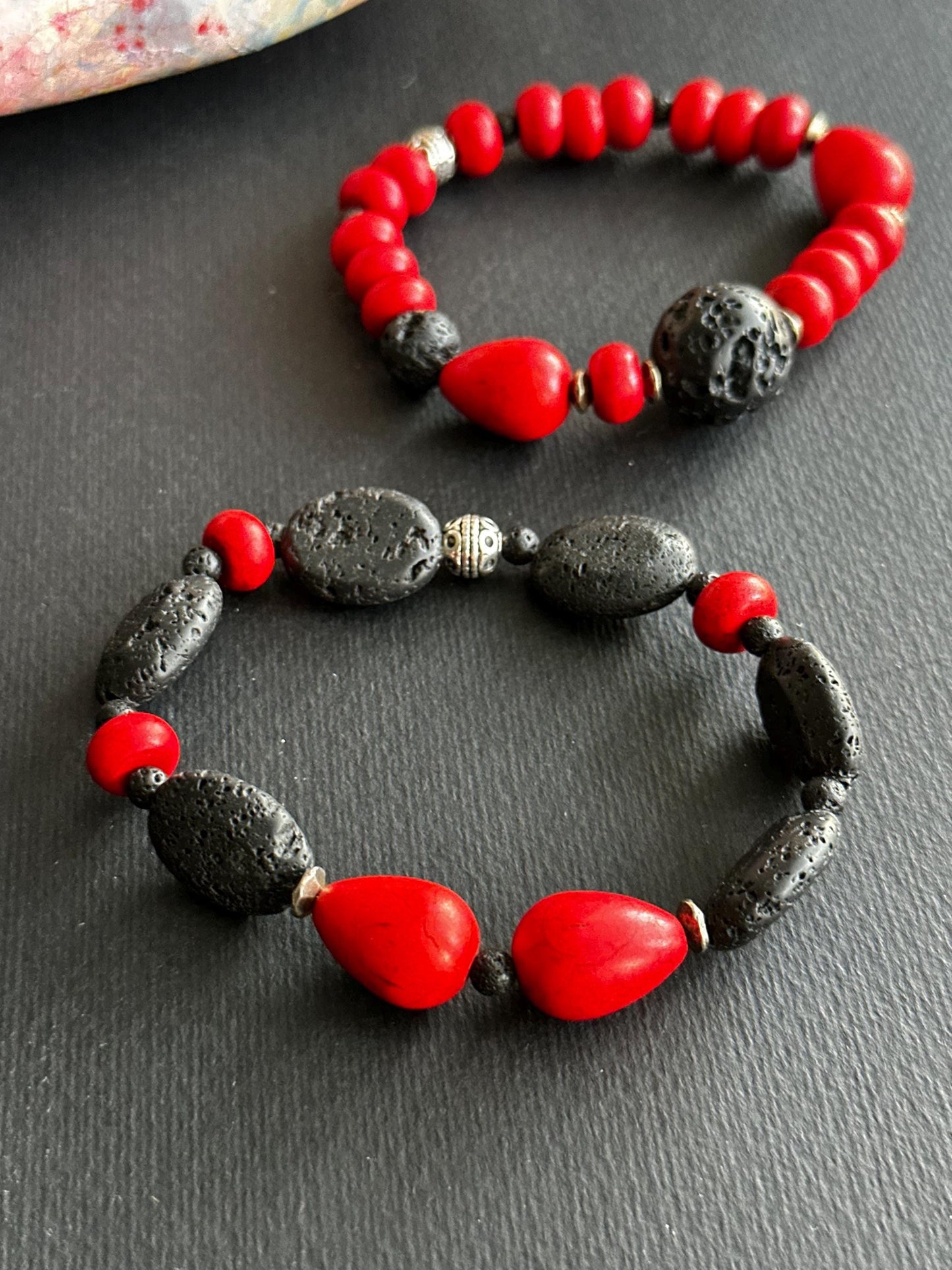 Red and Black Lava Stone and Ceramic Single or Stack Unisex Bracelets