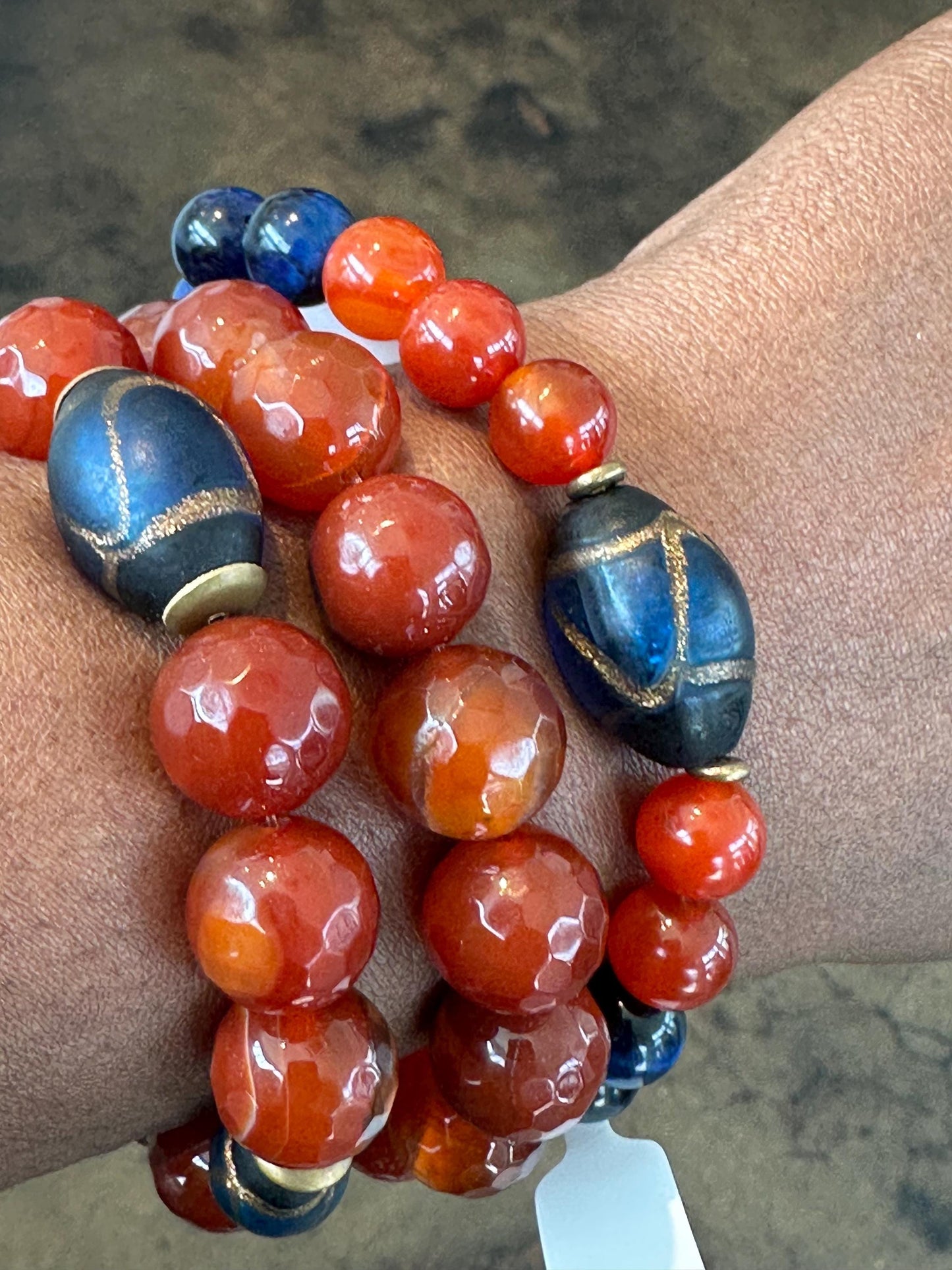 Blue and Orange Gemstone Beaded Bracelet Set