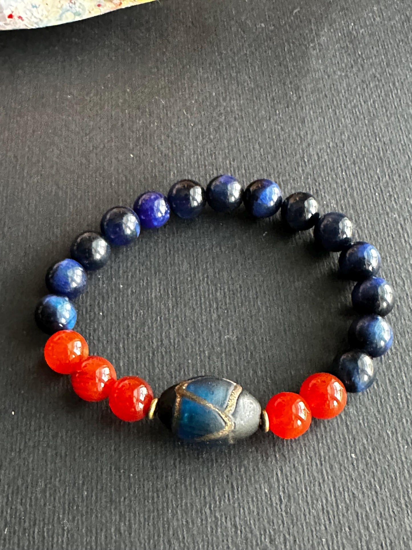 Blue and Orange Gemstone Beaded Bracelet Set