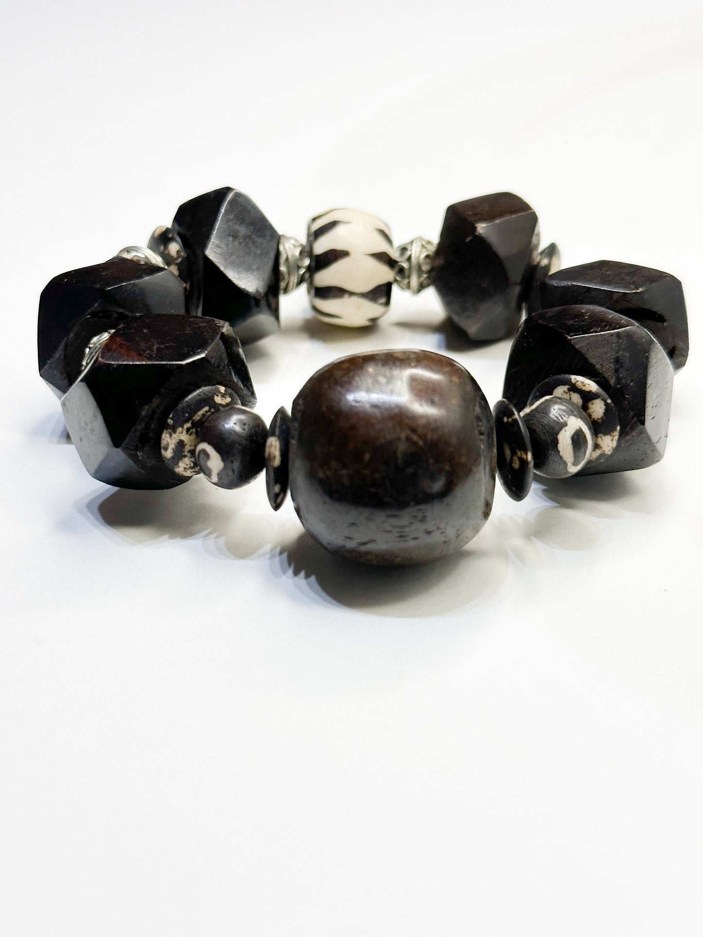 Faceted Wood Unisex Tribal Bracelet with Brown and Silver Berber Accent Beads