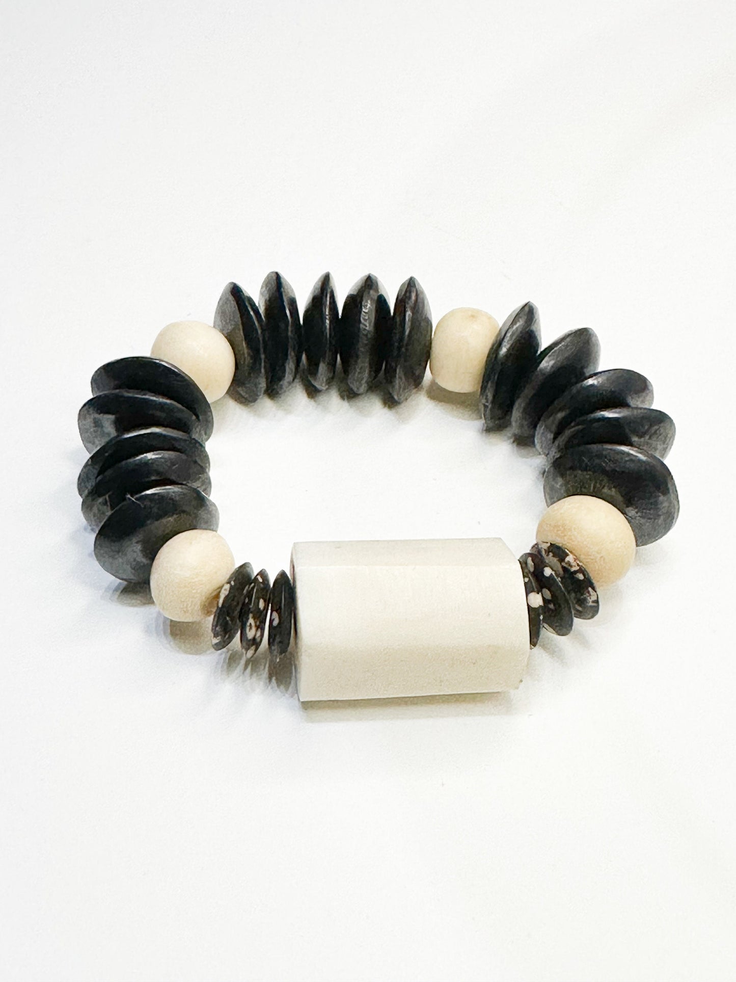 Crème Barrel Bone Focal Beas With Wood Bone Saucer Bone and Rondelle Beads OOAK
