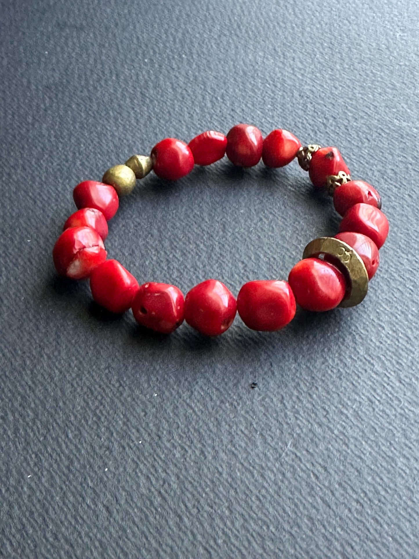 Red Coral with Gold Accent Beaded Bracelet