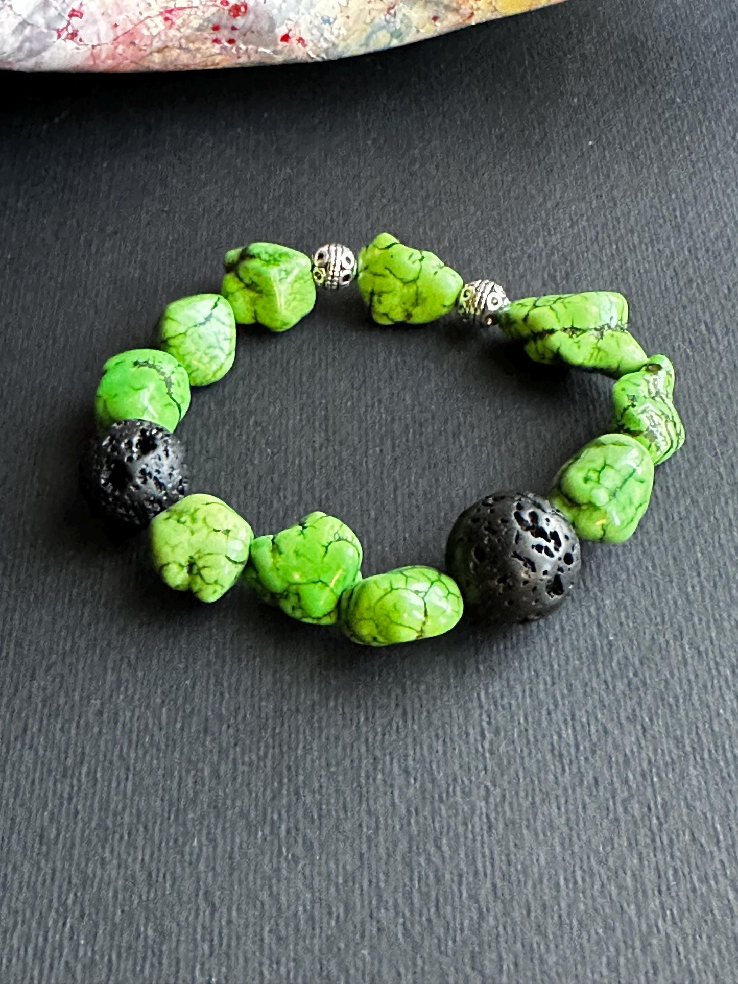 Green Nugget Howlite Bracelet with Round Lava Beads