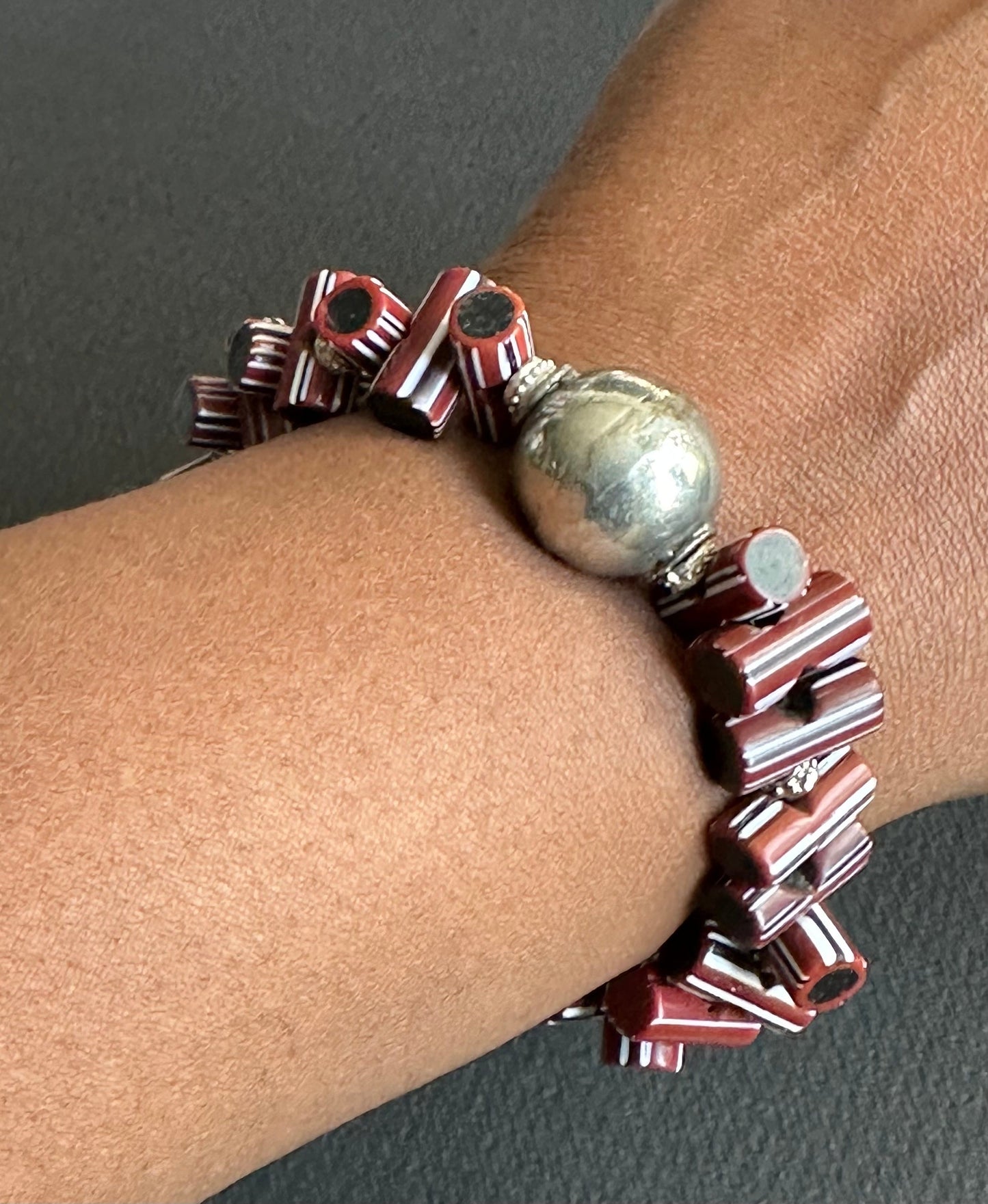 Black Wood Beaded Bracelet with Striped Java Beads