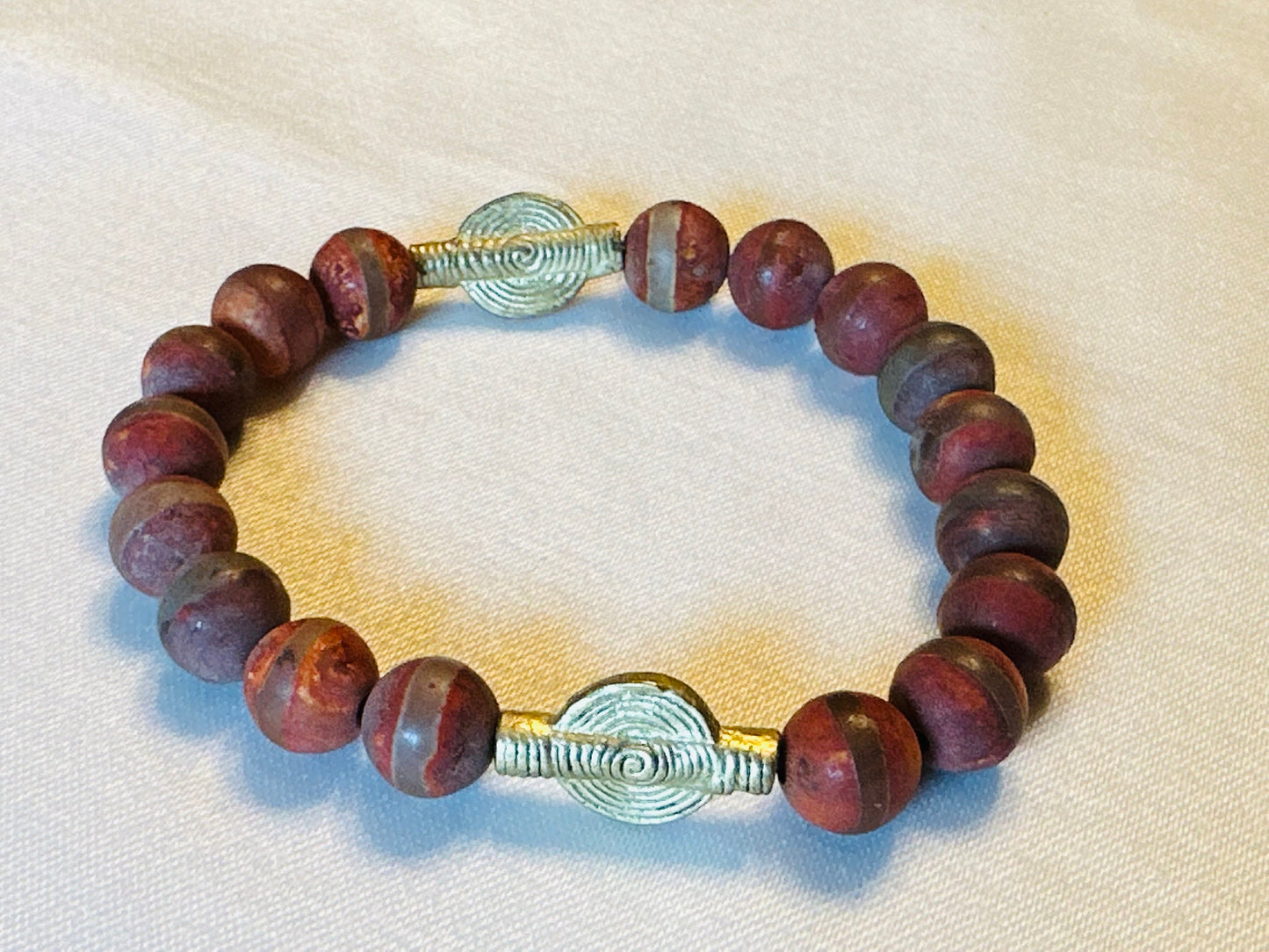 Tibetan Agate with Sundial Focal Beads Unisex Bracelet