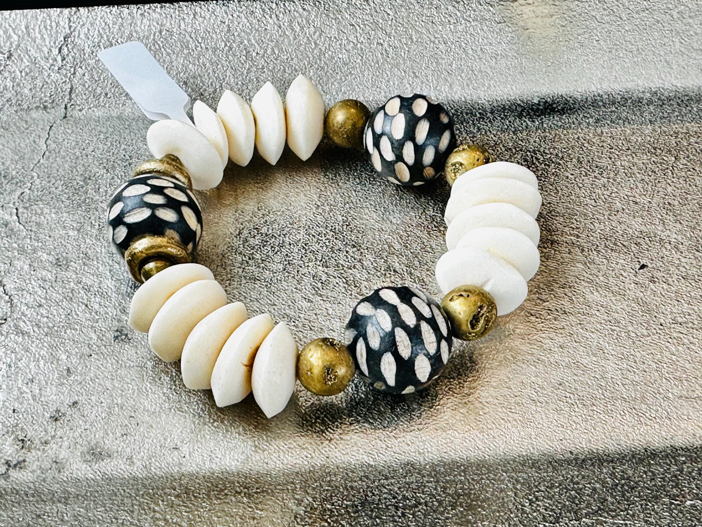 Black and Cream Carved Philippine Wood Beads with Saucer Bone and Brass Filigree Beads