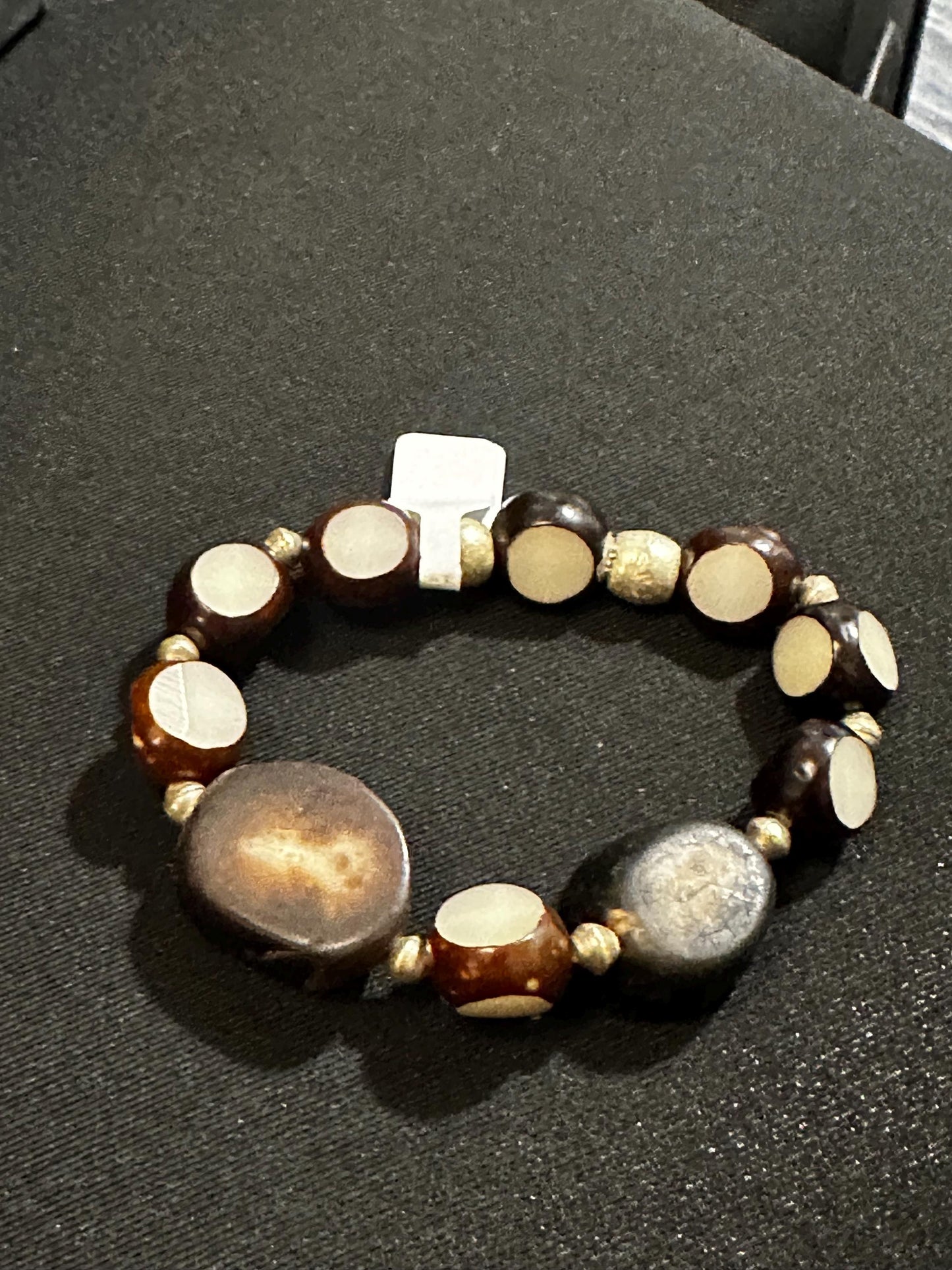 Carved Nut Wood Faceted Beaded Bracelet