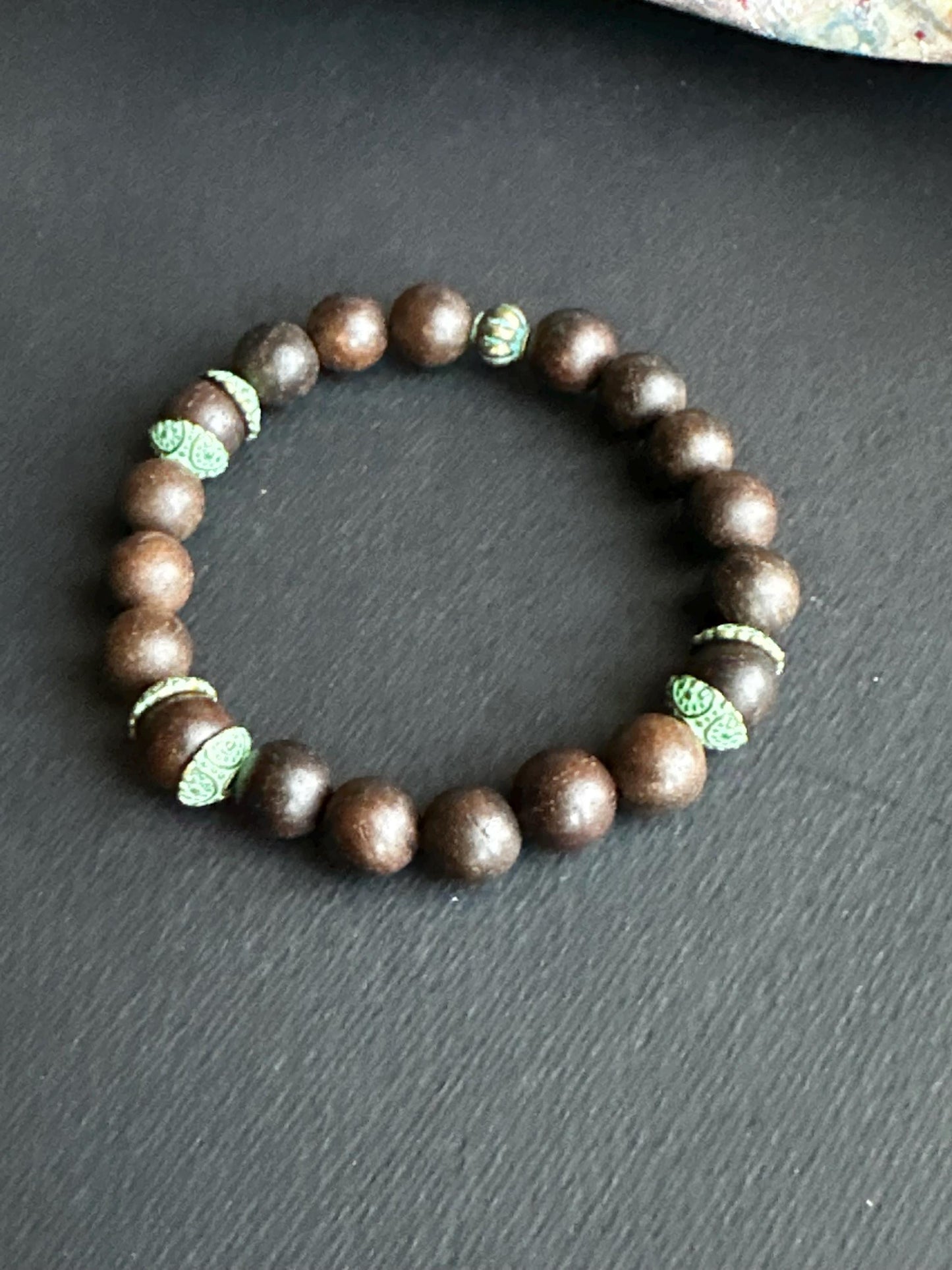 Espresso Wood Beaded Bracelet with Inlaid Brass Accent Beads