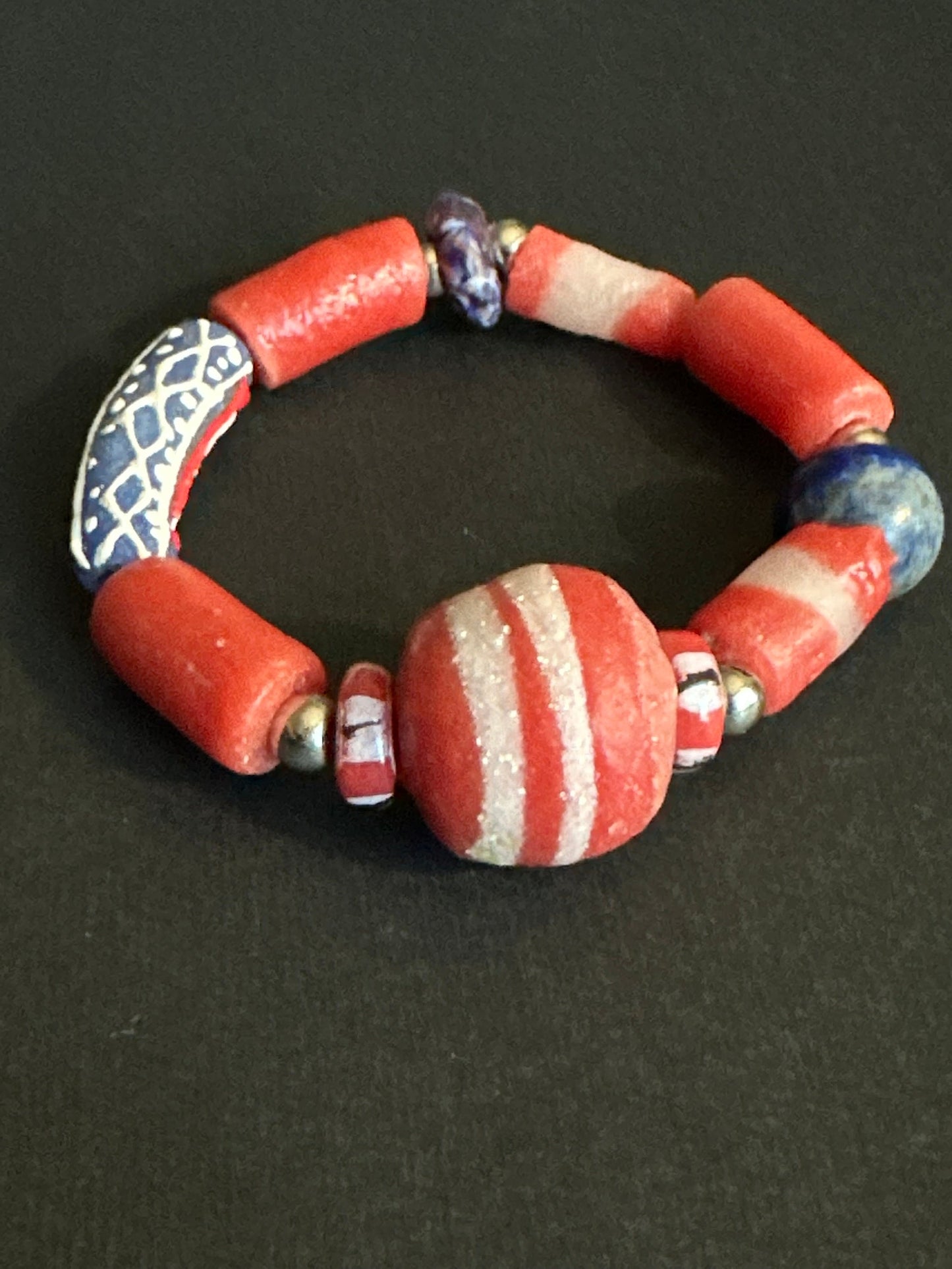 Red White and Blue Recycled African Glass Krobo Beaded Bracelet-Unisex