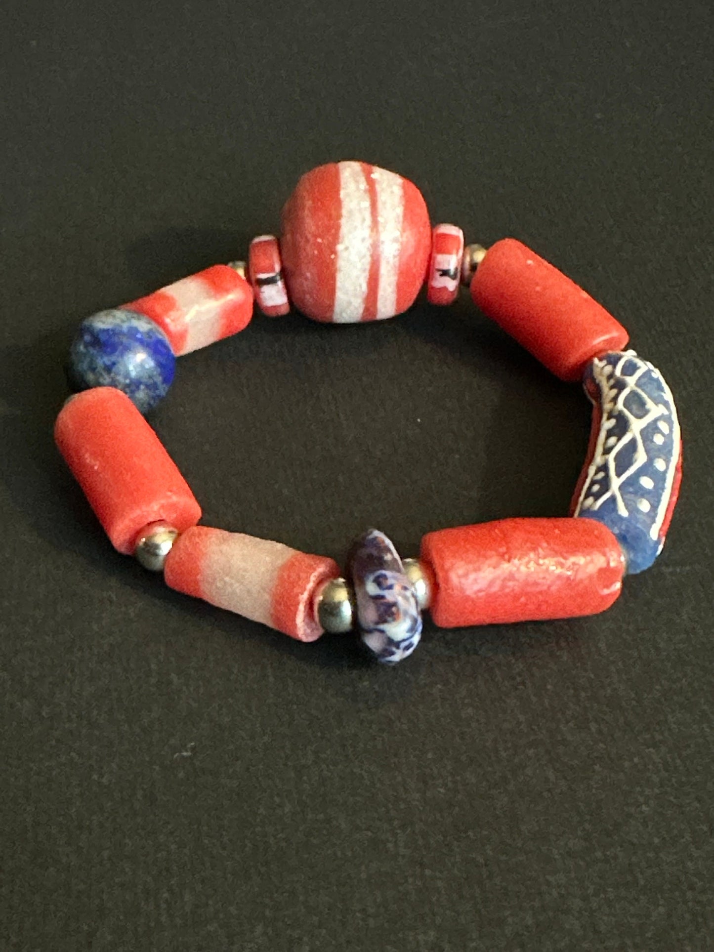 Red White and Blue Recycled African Glass Krobo Beaded Bracelet-Unisex