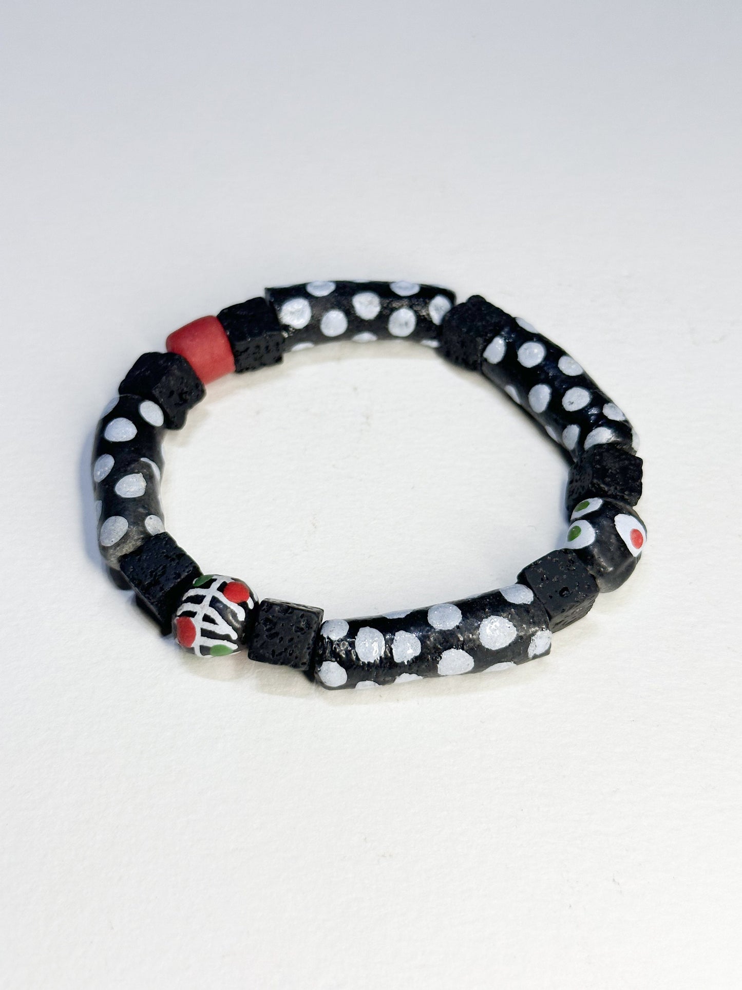 Black White and Red Krobo Beads with Lava Stone Cube Accent Beads