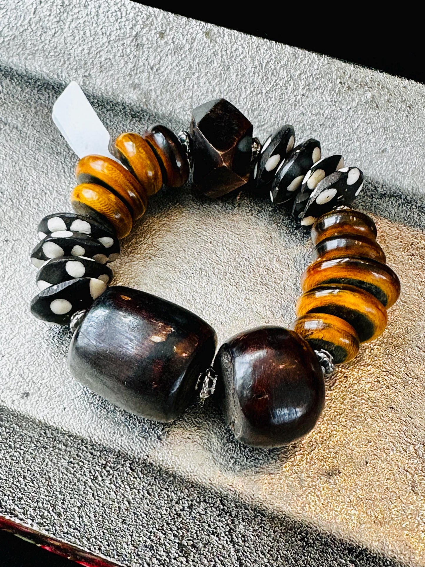 BohoChic Unisex Bracelet Handcrafted with Multi Shaped Bone and Horn Disc Beads.