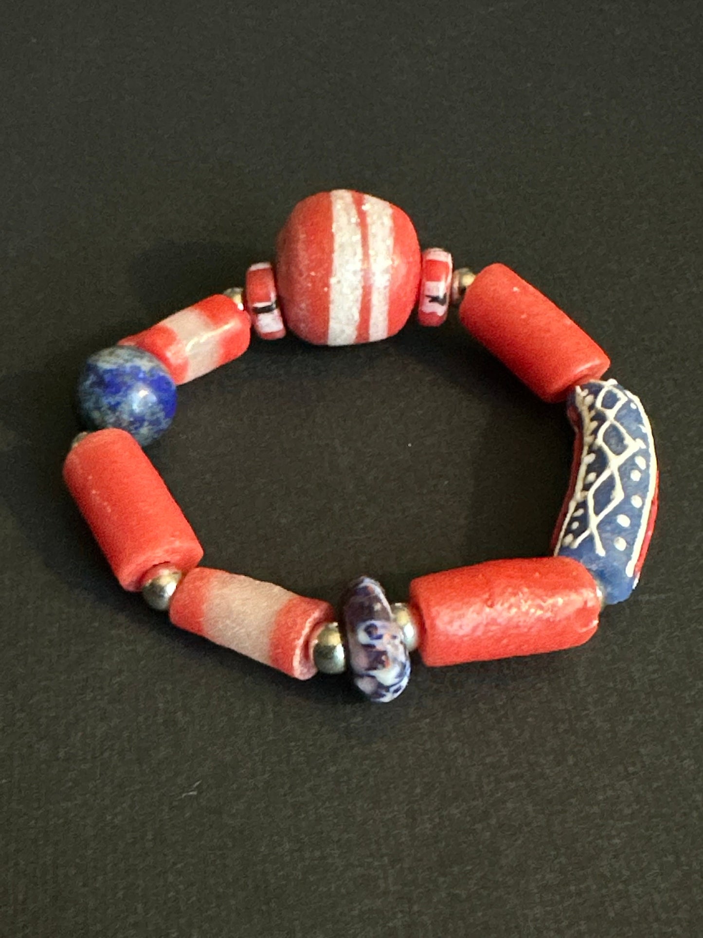 Red White and Blue Recycled African Glass Krobo Beaded Bracelet-Unisex