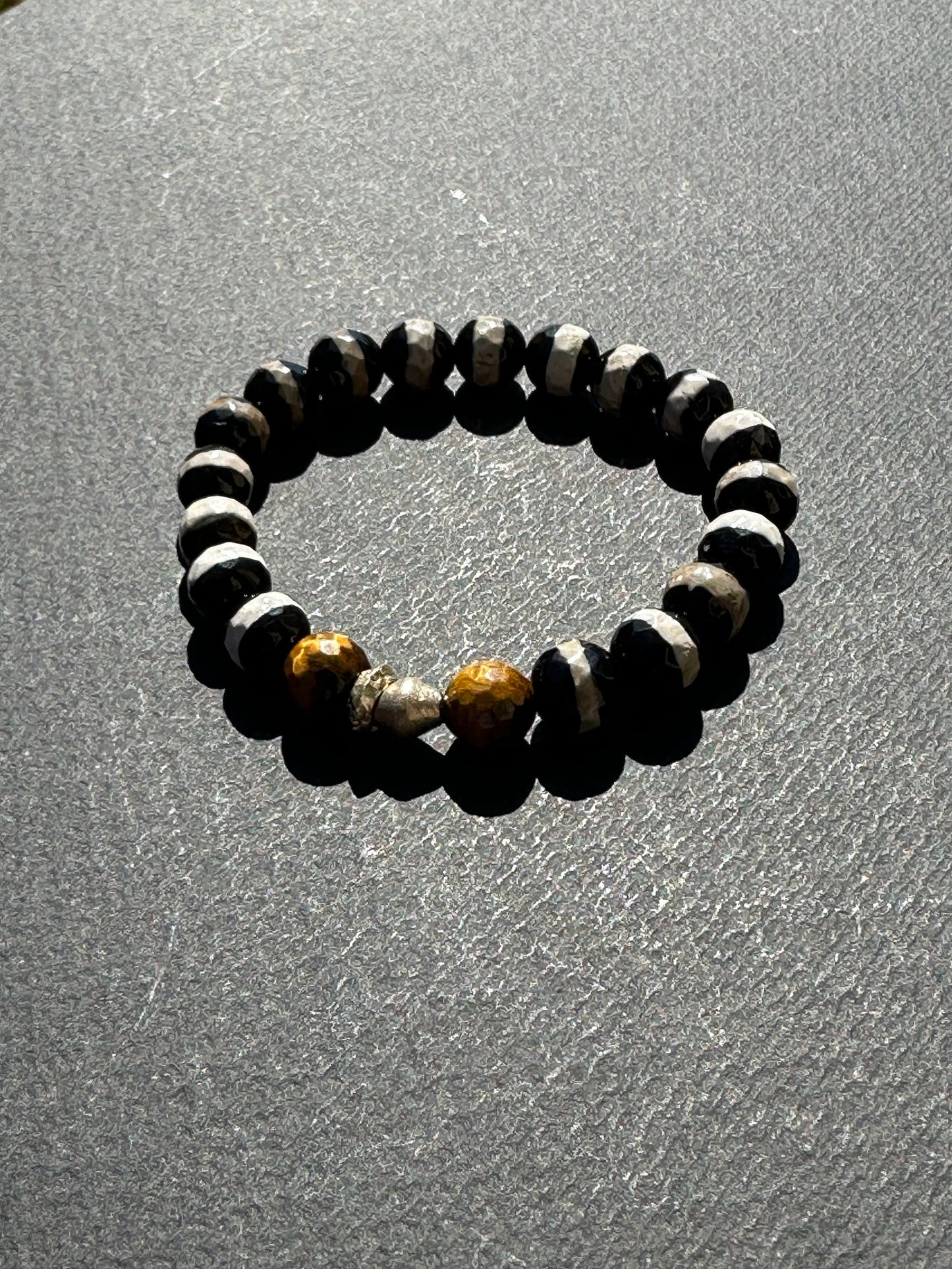 Unisex Black and White Agate with Tiger’s Eye and Ethiopian Silver Accent Beads for Women and Men