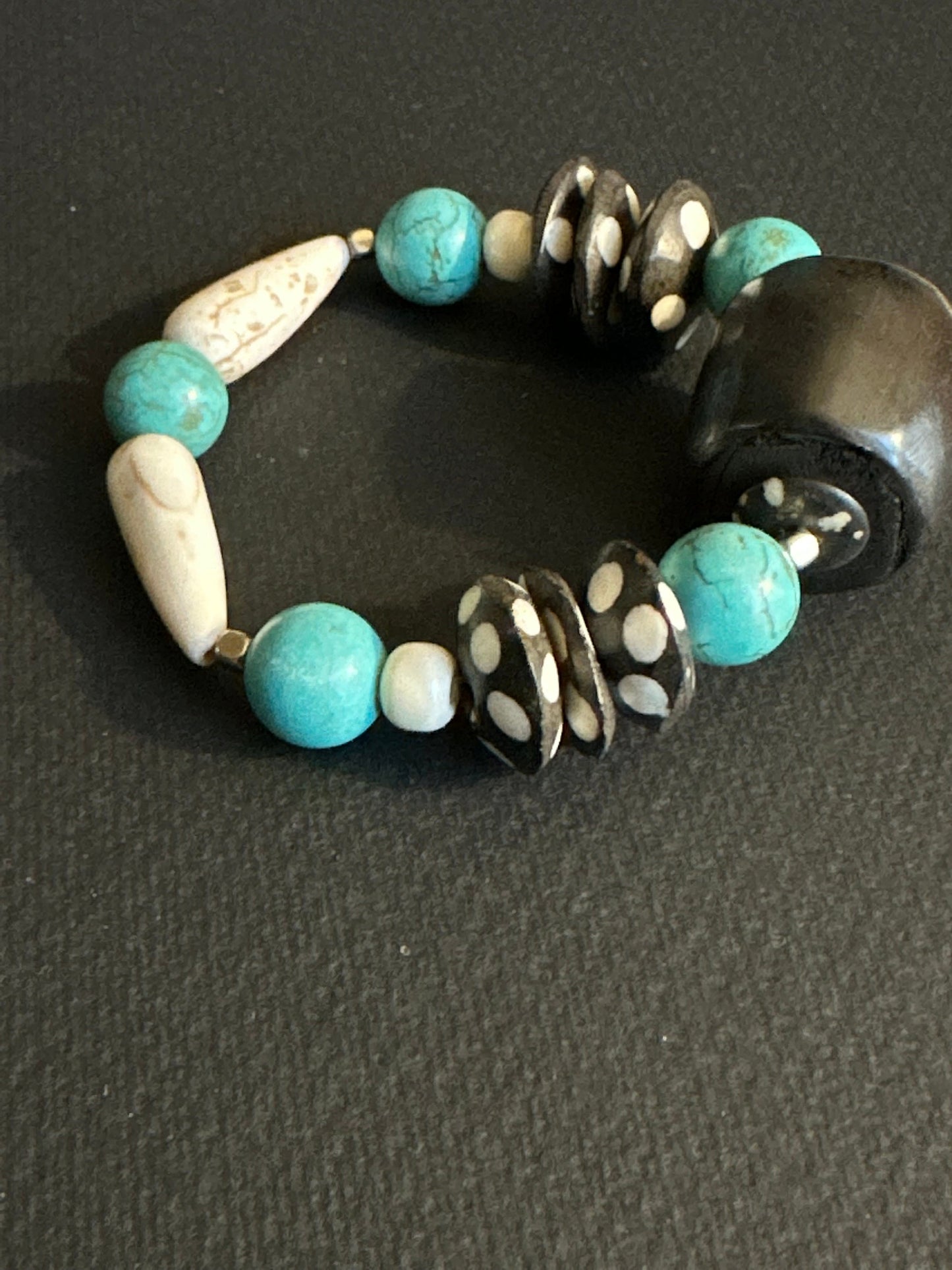 Turquoise Colored Brown and Cream Large Chunky Beaded Bracelet