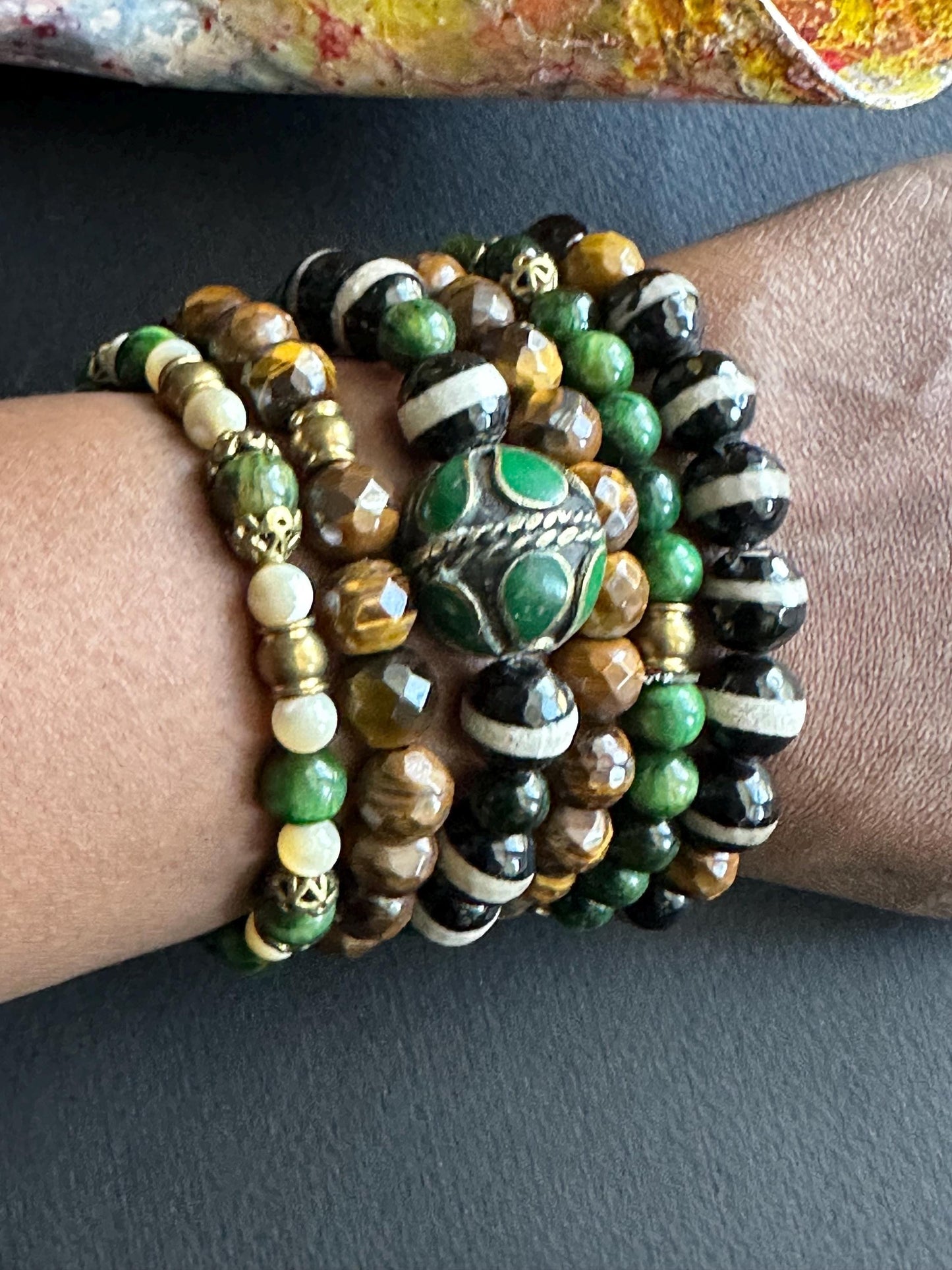 A Blend of Gems Black, Green, Brown and Cream Unisex Beaded Bracelet
