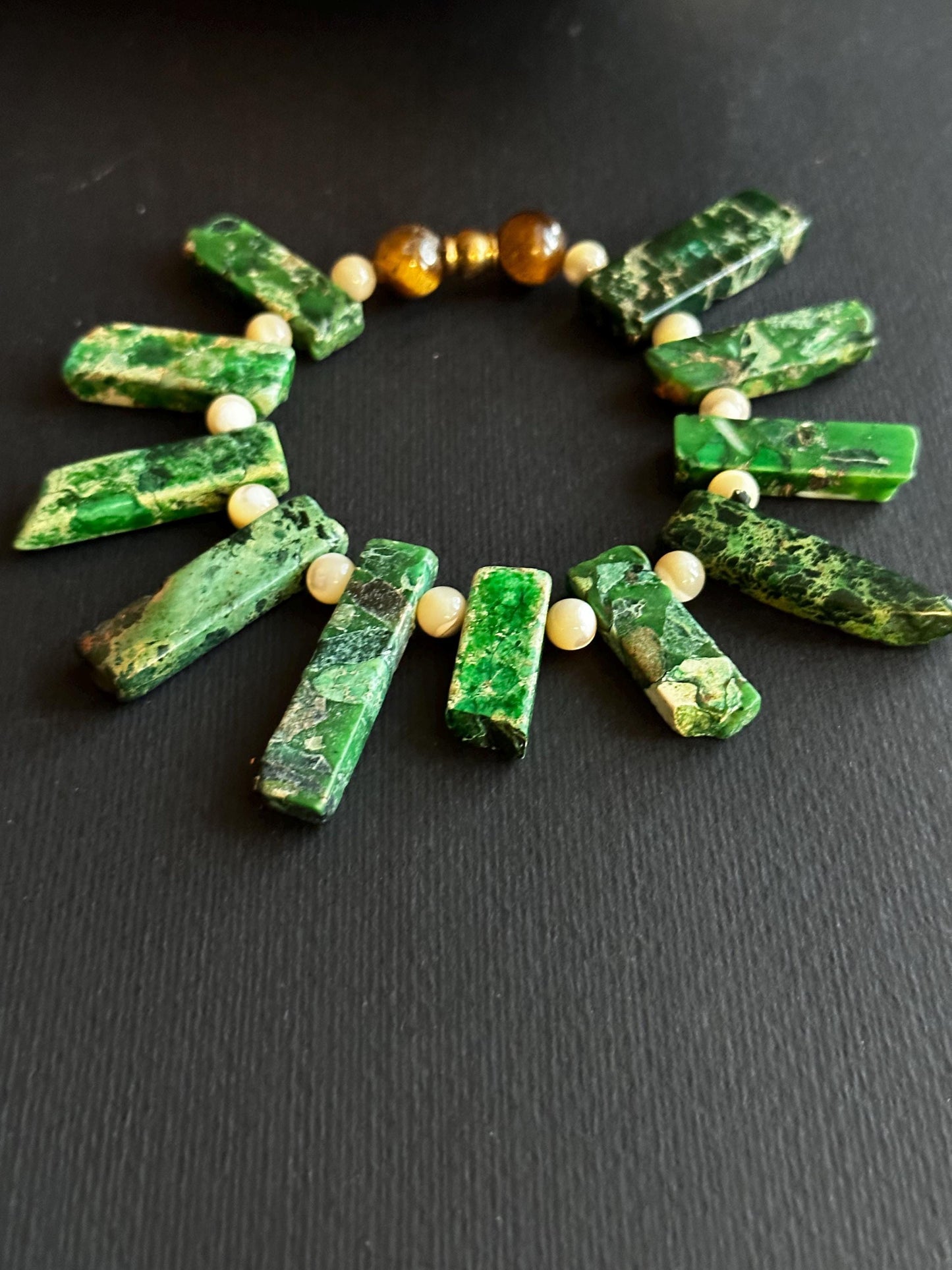 Earthy Roots- A blend of Tiger’s Eye and Jasper Bracelets with Tribal Inlaid Brass Focal Bead