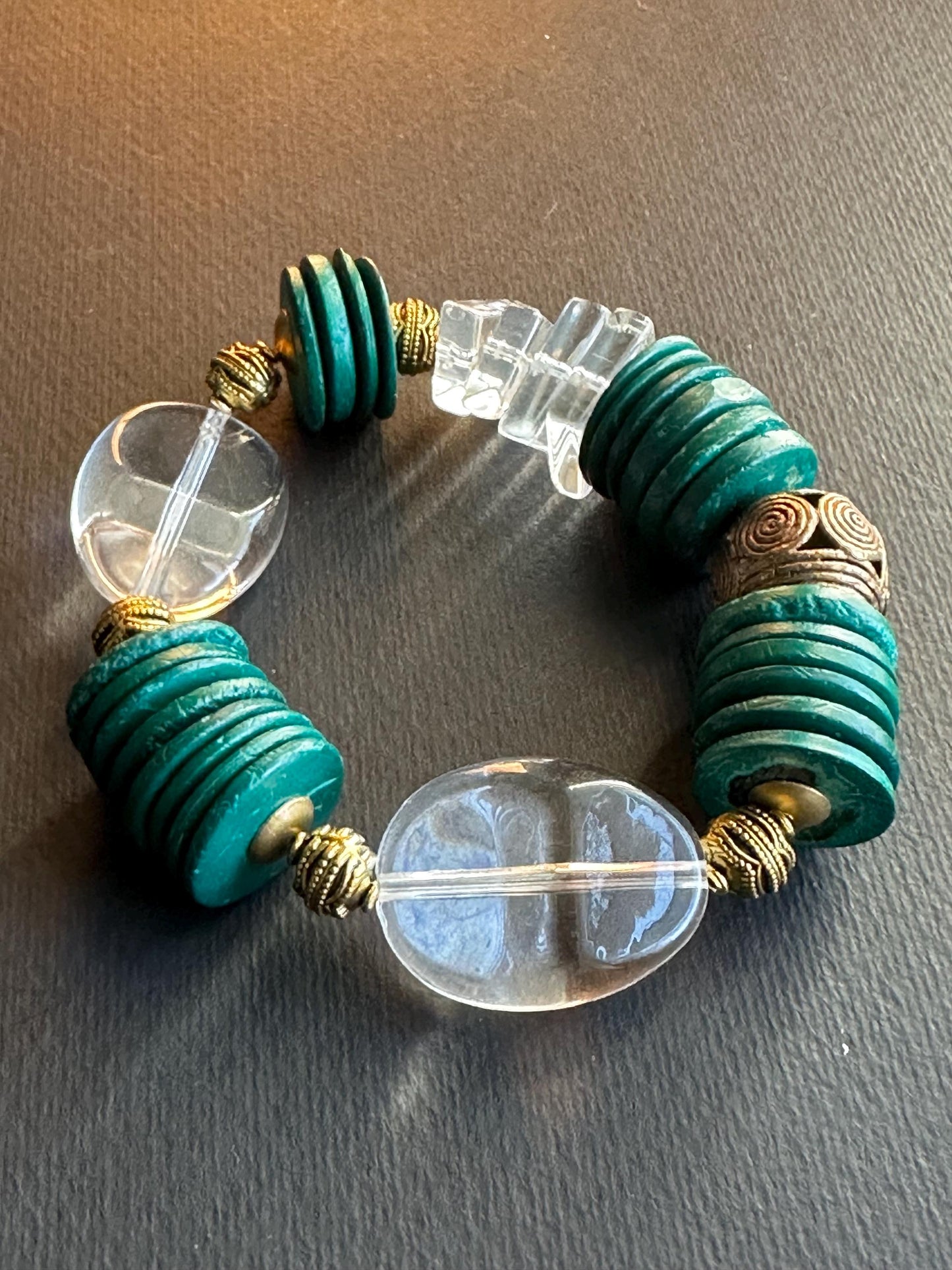 Green Gold and Bold Mixed Shaped Wood Brass and Glass Bracelet