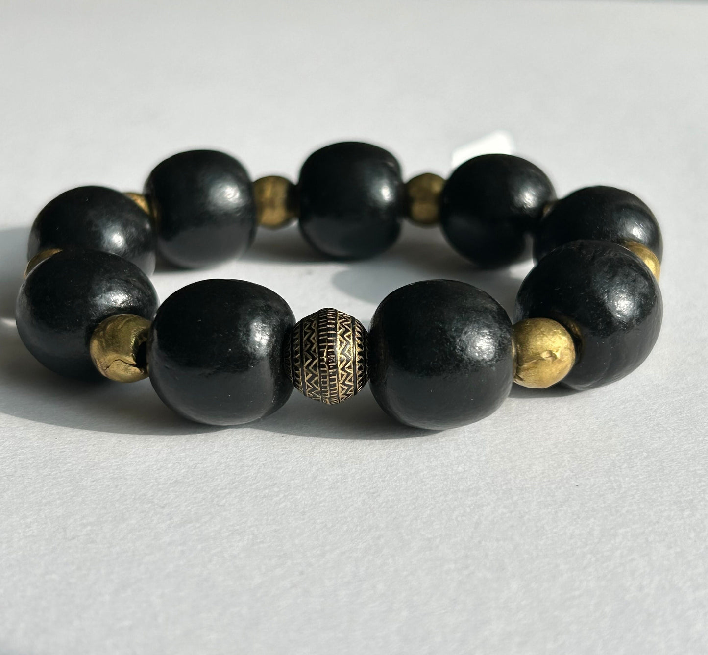 Black Wood Beaded Bracelet with Gold Accents