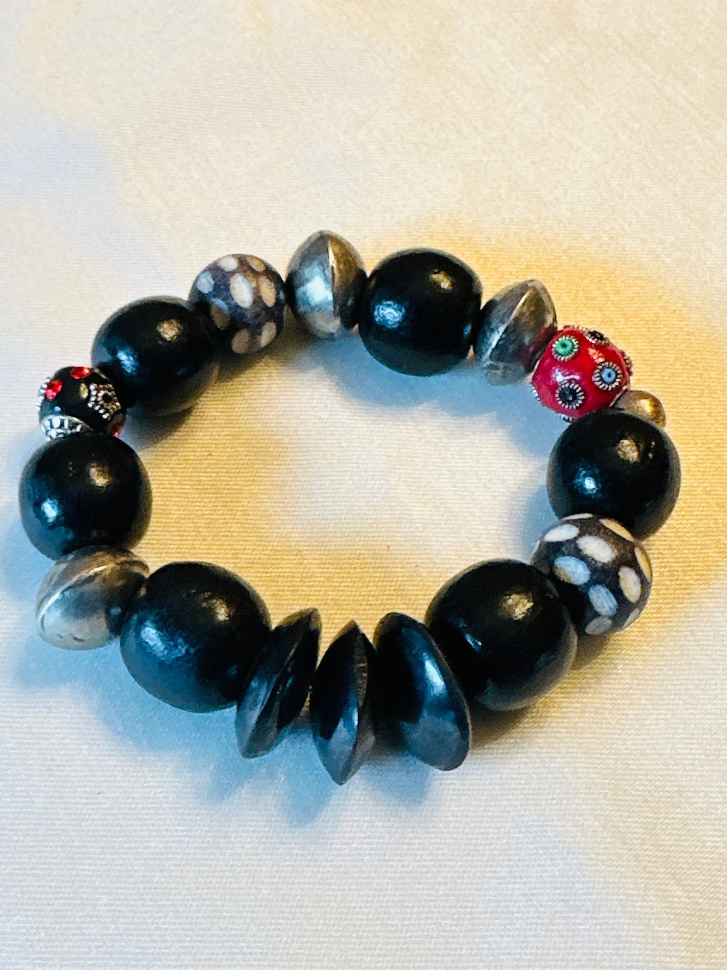 Black Wood and Silver Beaded Bracelet with Philippine Wood Beads with Petite Ceramic Accent Beads