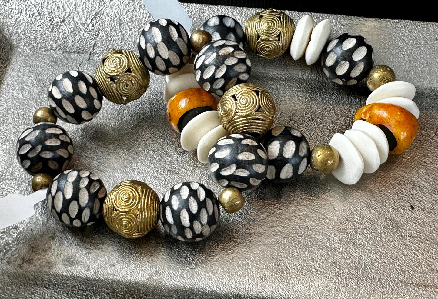 Black and Cream Carved Philippine Wood Beads with Brass Filigree Beads